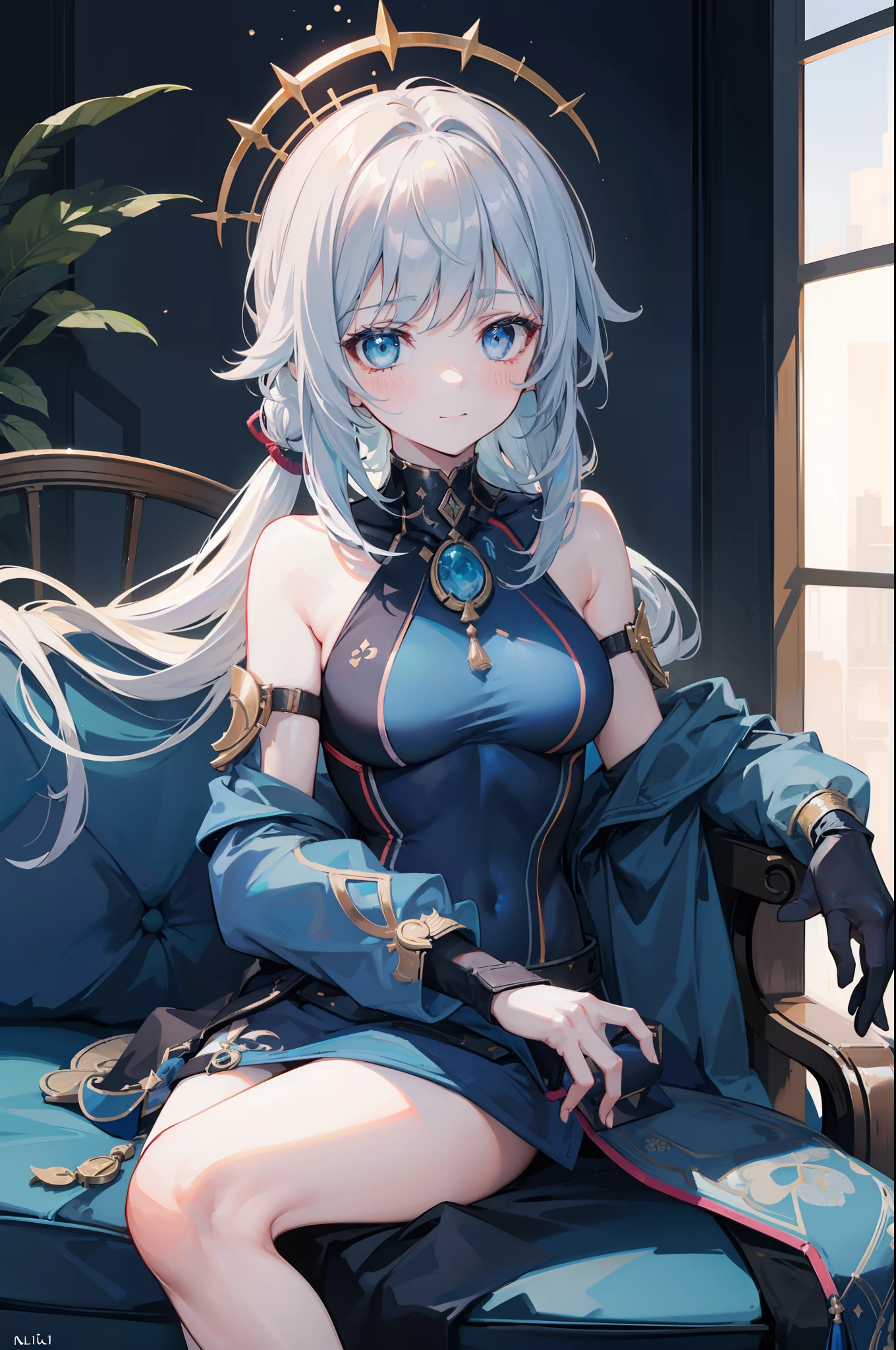 1 girl, Nilou, Genshin Impact, medium boobs, medium breasts, best quality, expressive eyes, perfect face, upper body, full body, smile, blush, Wearing Scuba Suit , indoors, day, Perfect Hands, simple background, Sitting on Sofa, looking at viewer, stairs, moody lighting