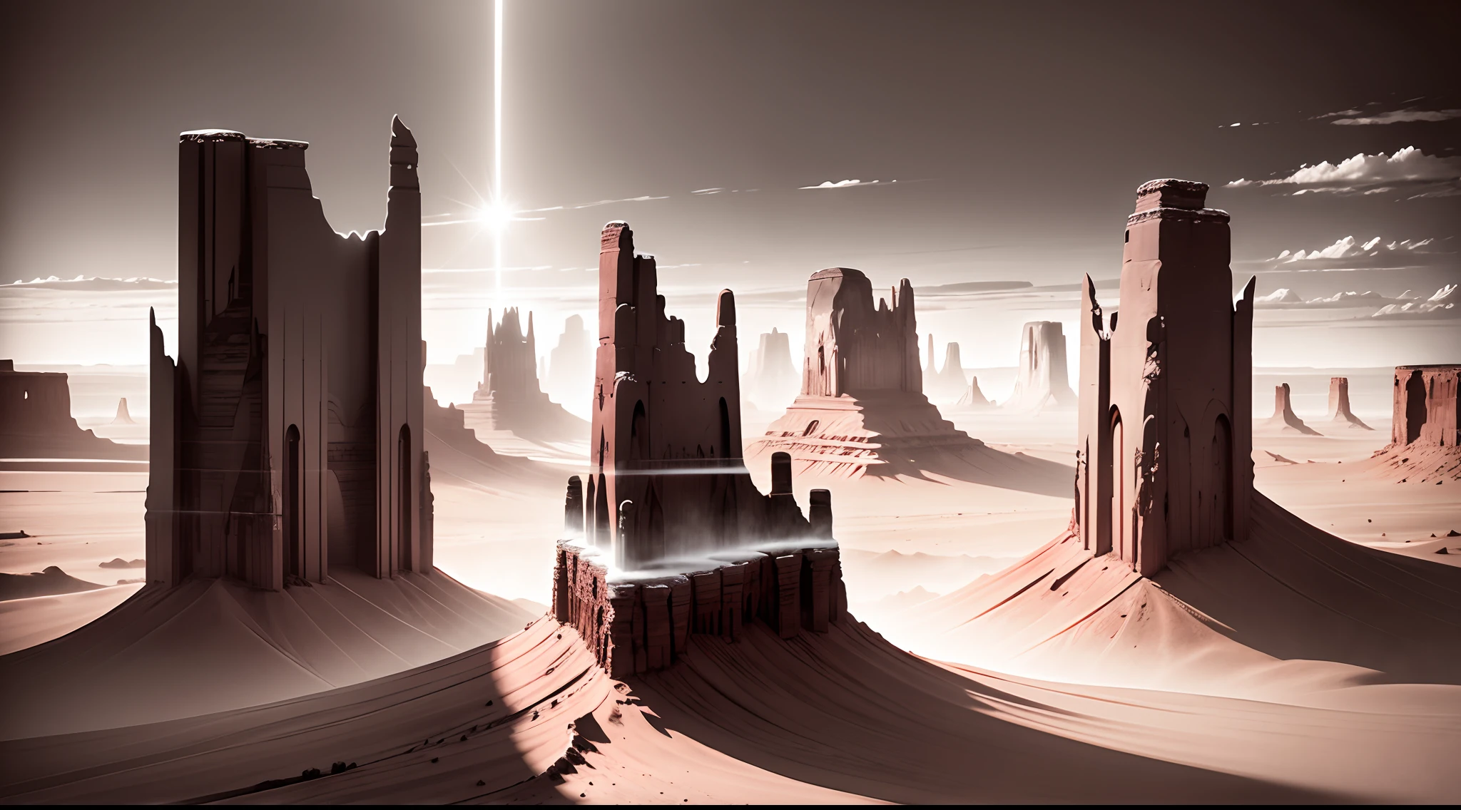 monument valley,The rays of the setting sun cut through the clouds,rock formations,Mesa Bhikkhu,Towering cliffs,A desert,Endless open space,Pink lines，(In a monochrome artwork style that resonates with ominousness),Felicia Simin,Digital Art Technology Light black and magenta,Rolling wave black and orange - Q2 - S750 - V 5.