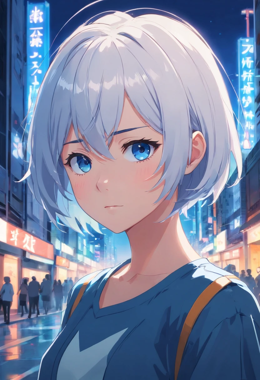 short hair, white hair, dark blue eyes, evil expression, imposing personality, insecure