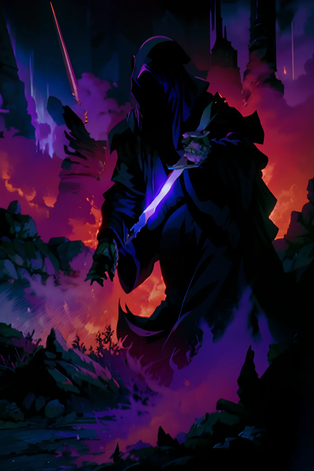 nazgul,4k absurdres, masterpiece, 90s anime style, sword, vintage glitch vhs, cloaked figure, whirlwind of purple fire and smoke , night sky, clouds, cinematic lighting,evangelion anime style