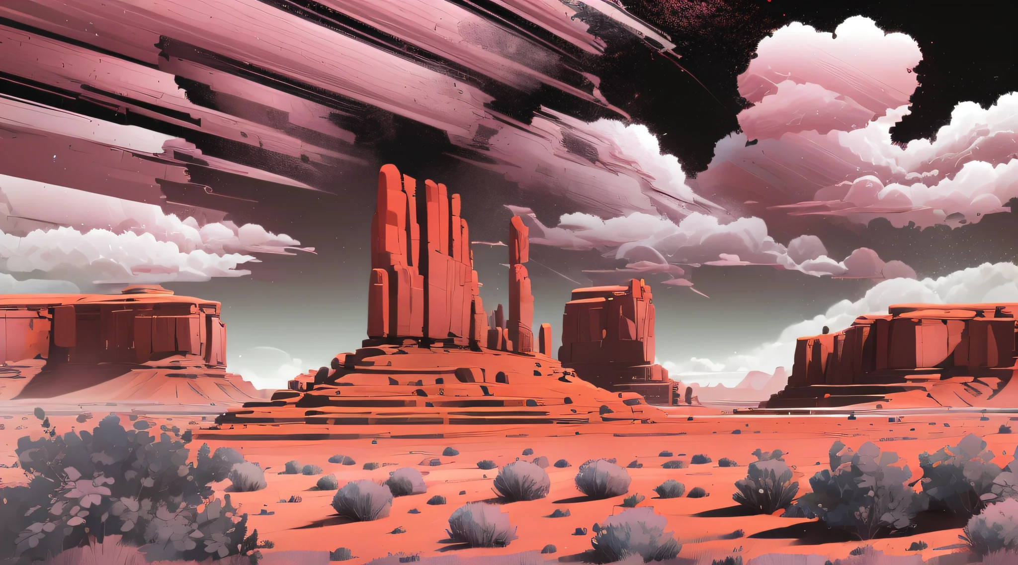 monument valley,The rays of the setting sun cut through the clouds,rock formations,Mesa Bhikkhu,Towering cliffs,A desert,Endless open space,(Pink lines)，(In a monochrome artwork style that resonates with ominousness),Felicia Simin,Digital Art Technology Light black and magenta,Rolling wave black and orange - Q2 - S750 - V 5.