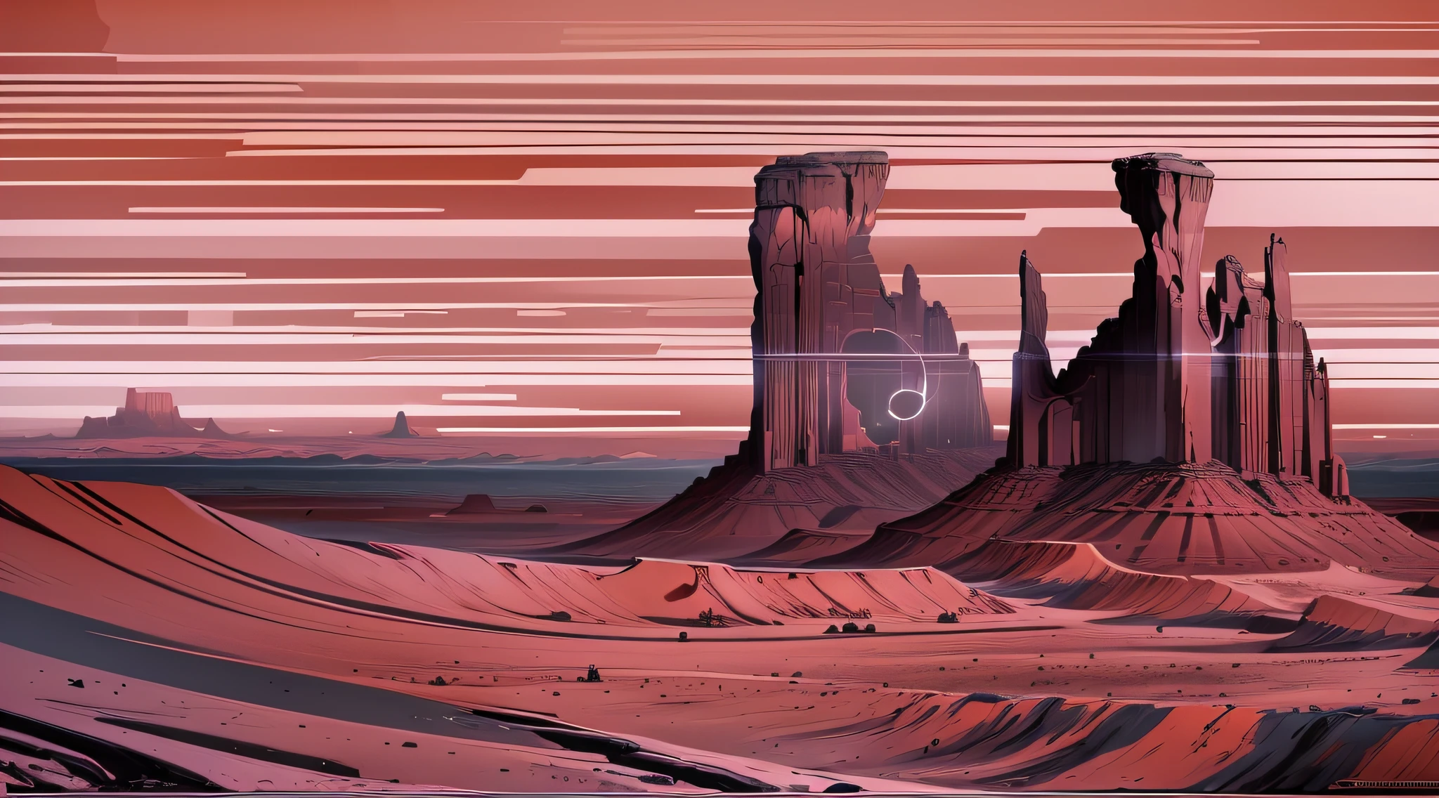 monument valley,The rays of the setting sun cut through the clouds,rock formations,Mesa Bhikkhu,Towering cliffs,A desert,Endless open space,(Pink lines),(In a monochrome artwork style that resonates with ominousness),Felicia Simin,Digital Art Technology Light black and magenta,Rolling wave black and orange - Q2 - S750 - V 5.