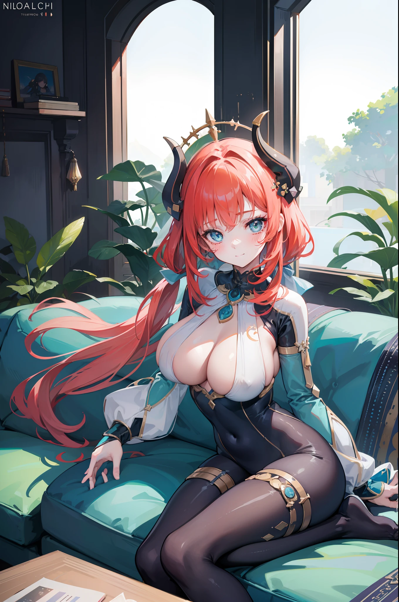 1 girl, Nilou, Genshin Impact, big boobs, best quality, expressive eyes, perfect face, upper Big body, full body, smile, blush, Wearing Scuba Suit , indoors, day, Perfect Hands, simple background, Sitting on Sofa, looking at viewer, stairs, moody lighting