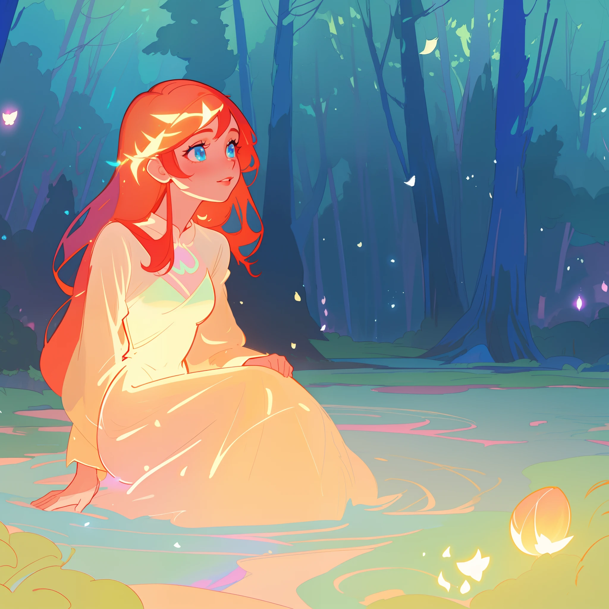 beautiful girl in simple white dress, long red hair, forest background, beautiful girl sitting in a river, forest landscape, nature, beautiful girl, beautiful face, vibrant pastel colors, (colorful), magical lights, sparkling lines of light, inspired by Glen Keane, inspired by Lois van Baarle, disney art style, by Lois van Baarle, glowing aura around her, by Glen Keane, jen bartel, glowing lights! digital painting, flowing glowing hair, glowing flowing hair, beautiful digital illustration, fantasia background, whimsical, magical, fantasy, beautiful face, ((masterpiece, best quality)), intricate details, highly detailed, sharp focus, 8k resolution, sparkling detailed eyes, liquid watercolor