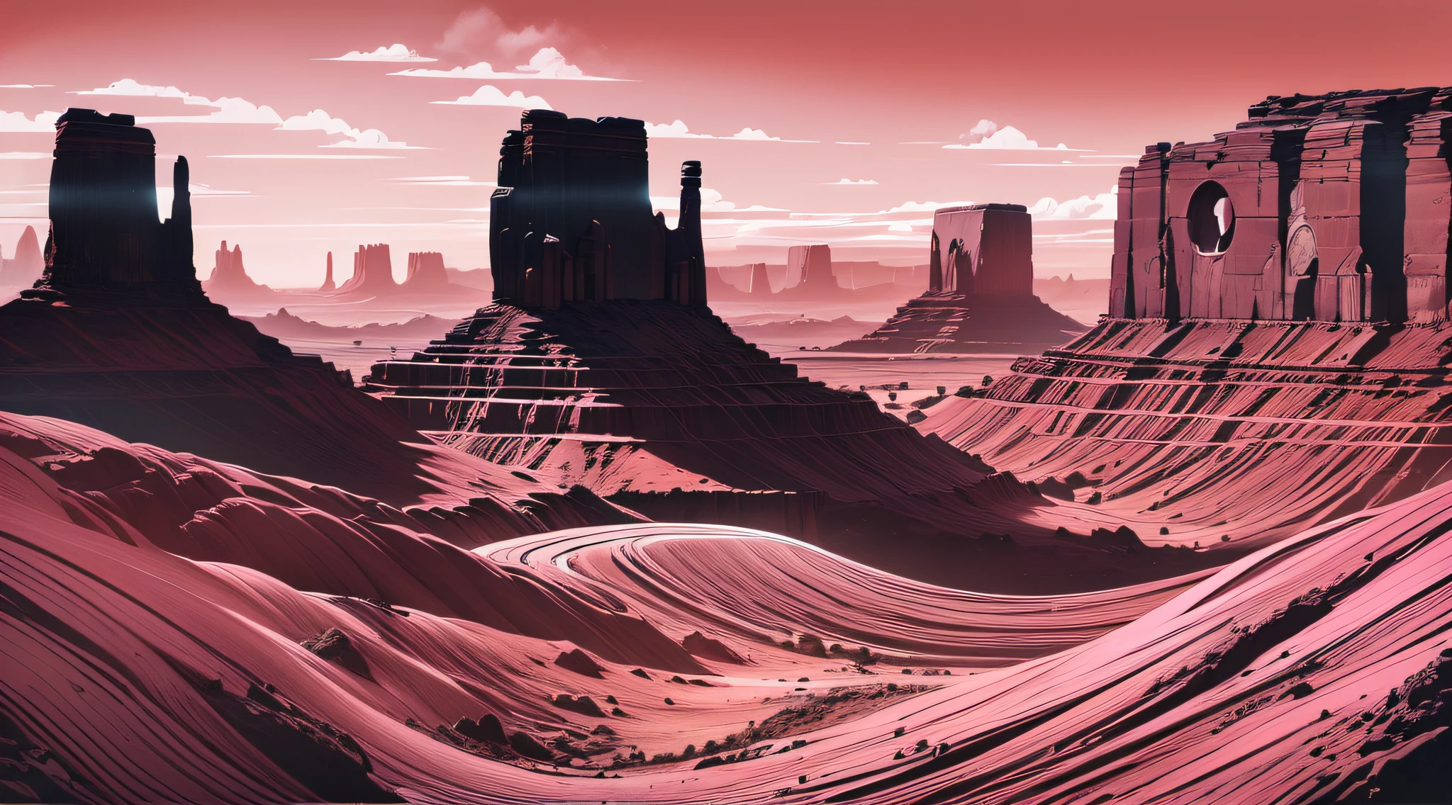 monument valley,The rays of the setting sun cut through the clouds,rock formations,Mesa Bhikkhu,Towering cliffs,A desert,Endless open space,(Pink lines),(In a monochrome artwork style that resonates with ominousness),Felicia Simin,Digital Art Technology Light black and magenta,Rolling wave black and orange - Q2 - S750 - V 5.