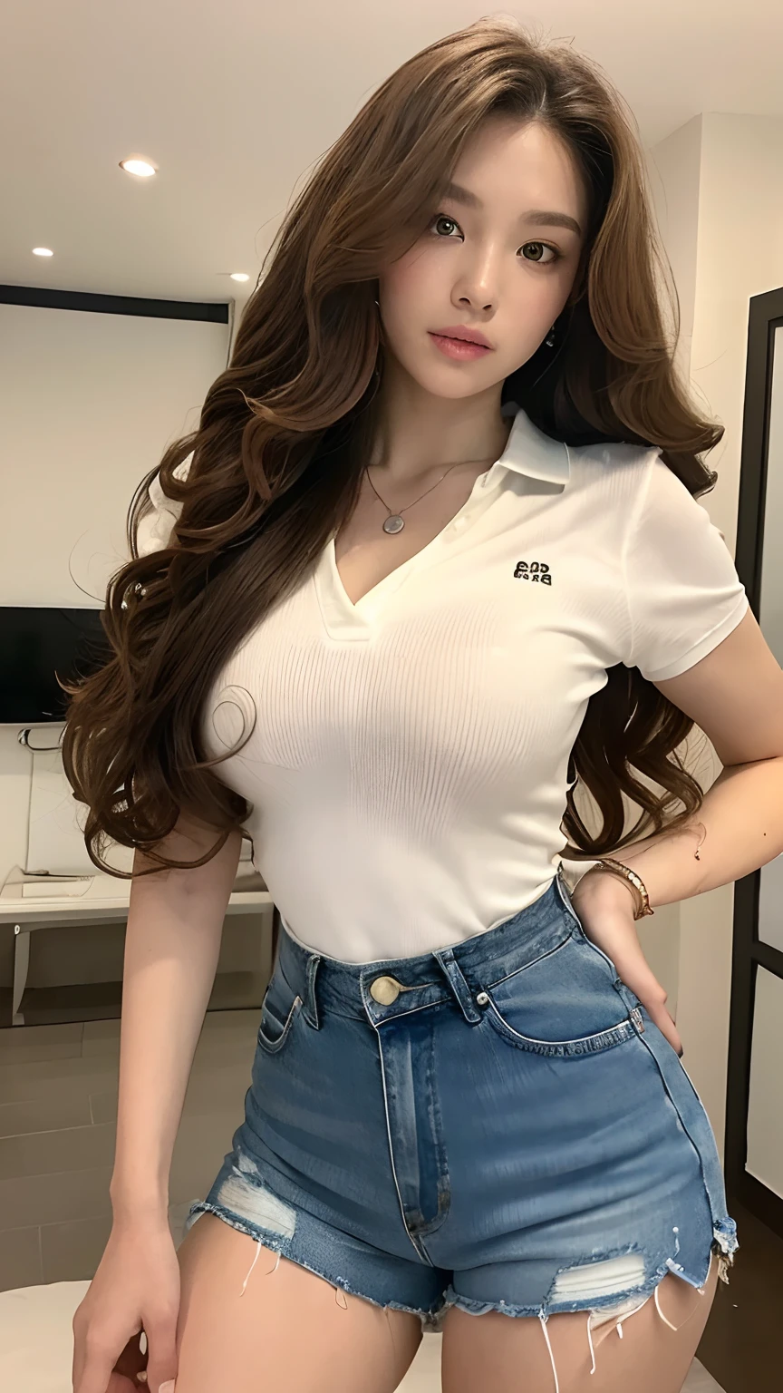 ((best qualtiy, 8K, tmasterpiece:1.3)), Focus:1.2, perfect figure beautiful woman:1.4, Cocked buttocks:1.2, ((Random Long Thick Diva Hairstyle) ((Brown Wavy Hair In Big Curls))(Long white legs:1.3,(Polo shirt With Jean Shorts:1.2) , (inside in room: 1.2), Highly detailed facial and skin texture, A detailed eye, 二重まぶた,Whiten skin,(Straight big breasts:1.3), looking at camera, Wear a necklace,