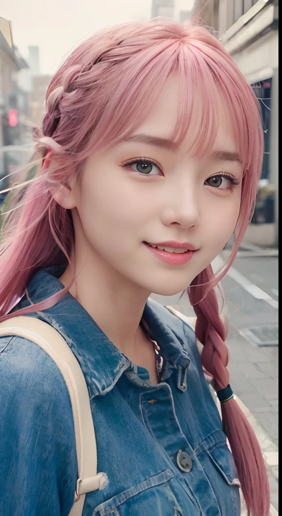 (8K、top-quality、masterpiece:1.2)、(reallistic、Photorealsitic:1.37)、The ultra-detailliert、1人、Pink Hair Medium Hair, (Pink hair),18year old、Medium chest、Beautie、Beautiful and perfect face、up close shot、Natural smile、独奏、holiday、Bustling street、shopping、Fashionable clothes、Redness of the nose)、(A smile:1.5)、(With mouth closed) 、beautidful eyes、(long:1.2)、Floating hair 、 Ear Hair, small tits, Single braid, (Single braid), (Side braid),Checked shirt、Look at the viewer