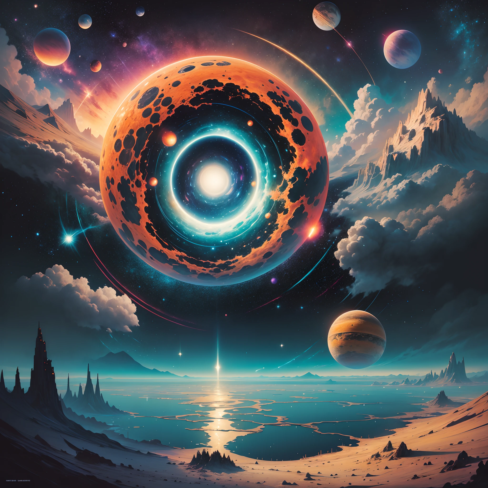 Landscape painting with mountains, lake, and planets, Utopia Galaxy, space landscape, greg beeple, painting of a dreamscape, Science Fantasy Painting, Rob McNaughton, Galactic Landscapes, Psychonaut universe, Detailed dream landscape, Fantasy space, View of the universe, Science fiction painting, Surreal space, Fantasy Art Realistic Painting --auto --s2