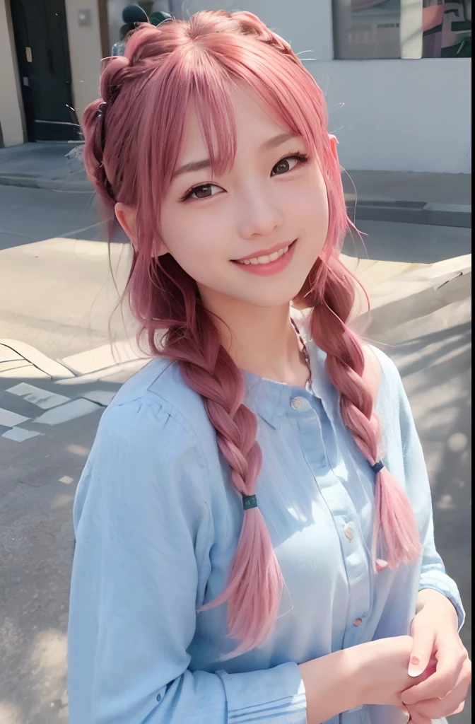 (8K、top-quality、​masterpiece:1.2)、(reallistic、Photorealsitic:1.37)、The ultra-detailliert、女の子1人、18year old、Medium chest、Beautie、Beautiful and perfect face、Natural smile、独奏、holiday、Bustling street、shopping、Fashionable clothes、Redness of the nose)、(A smile:1.5)、(With mouth closed) 、beautidful eyes、(long:1.2)、Floating hair 、Middle hair、Pink Hair Medium Hair, (Pink hair), Ear Hair, small , Single braid, (Single braid), (Side braid),Checked shirt