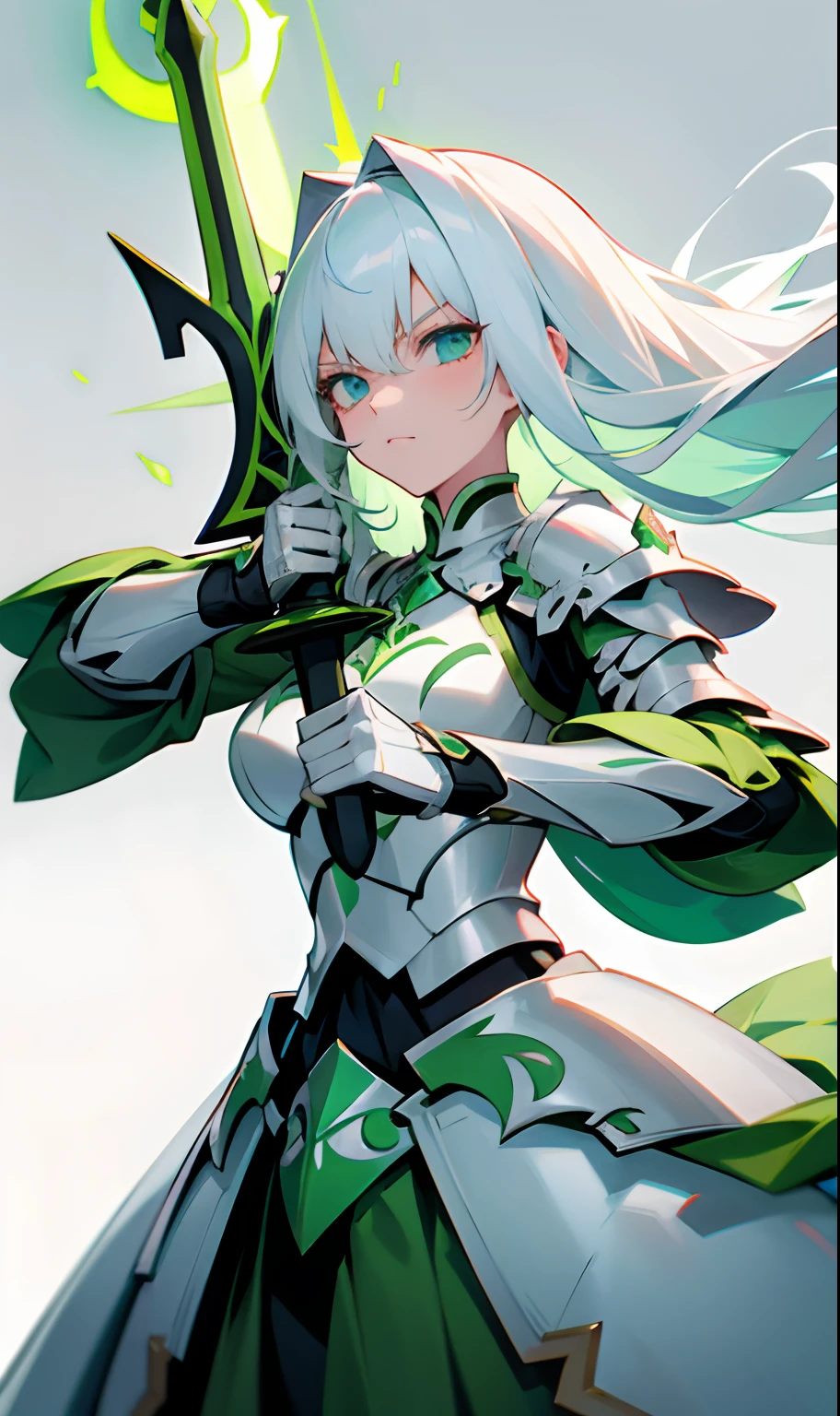 Girl with long white hair mixed with green wearing a green paladin armor holding a whip-shaped sword while her eyes red and she is with serious and calm expression