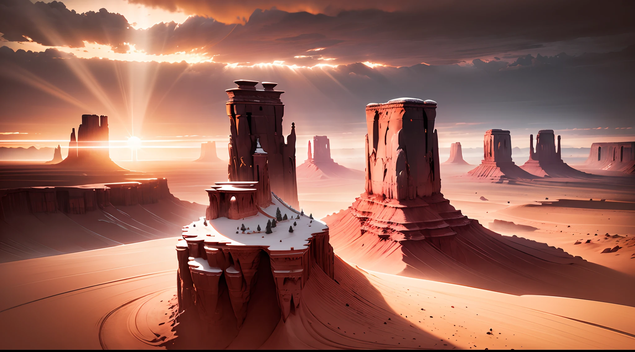 (monument valley),((The rays of the setting sun cut through the clouds)),rock formations,Mesa Bhikkhu,Towering cliffs,A desert,Endless open space,(Pink lines)，(In a monochrome artwork style that resonates with ominousness),Felicia Simin,(digital art techniques), (Light black and magenta),(Rolling waves black and orange)--Q2--S750--V 5.