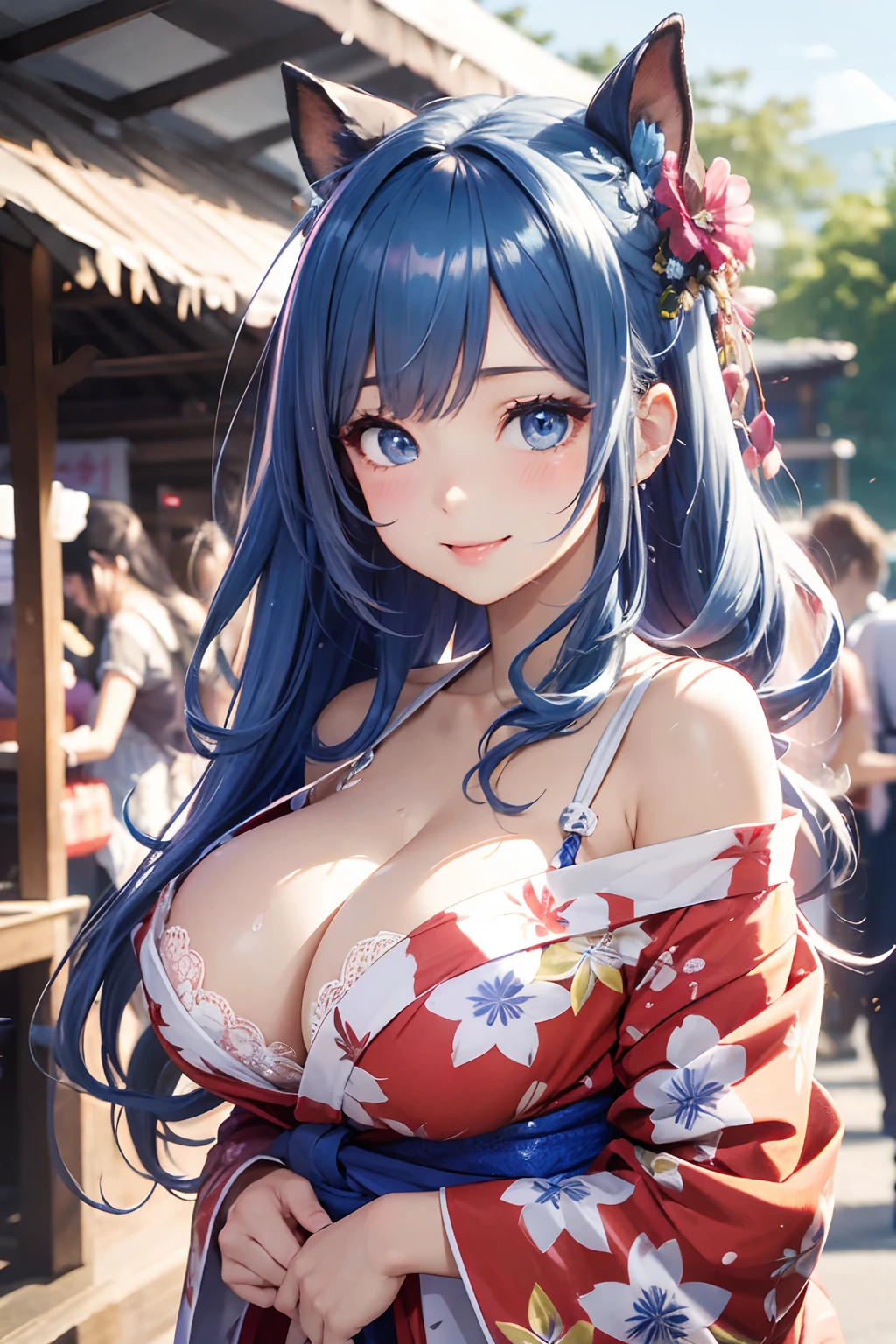 8K picture quality、top-quality、masutepiece、An ultra-high picture quality、ultra-detailliert、Ultra-realistic hair quality、Vibrant colors、Beautuful Women、Beautiful long hair、Shiny hair、detailed hairs、blue hairs、poneyTail、Blue eyes、shinny skin、Lace underwear、Very gigantic-breasts、Sweat on the forehead and cheeks、extremely big ass、Fluffy off-shoulder yukata、A smile、pink tongue、Ultra-realistic flesh feeling、Red cheeks、summer festival in background