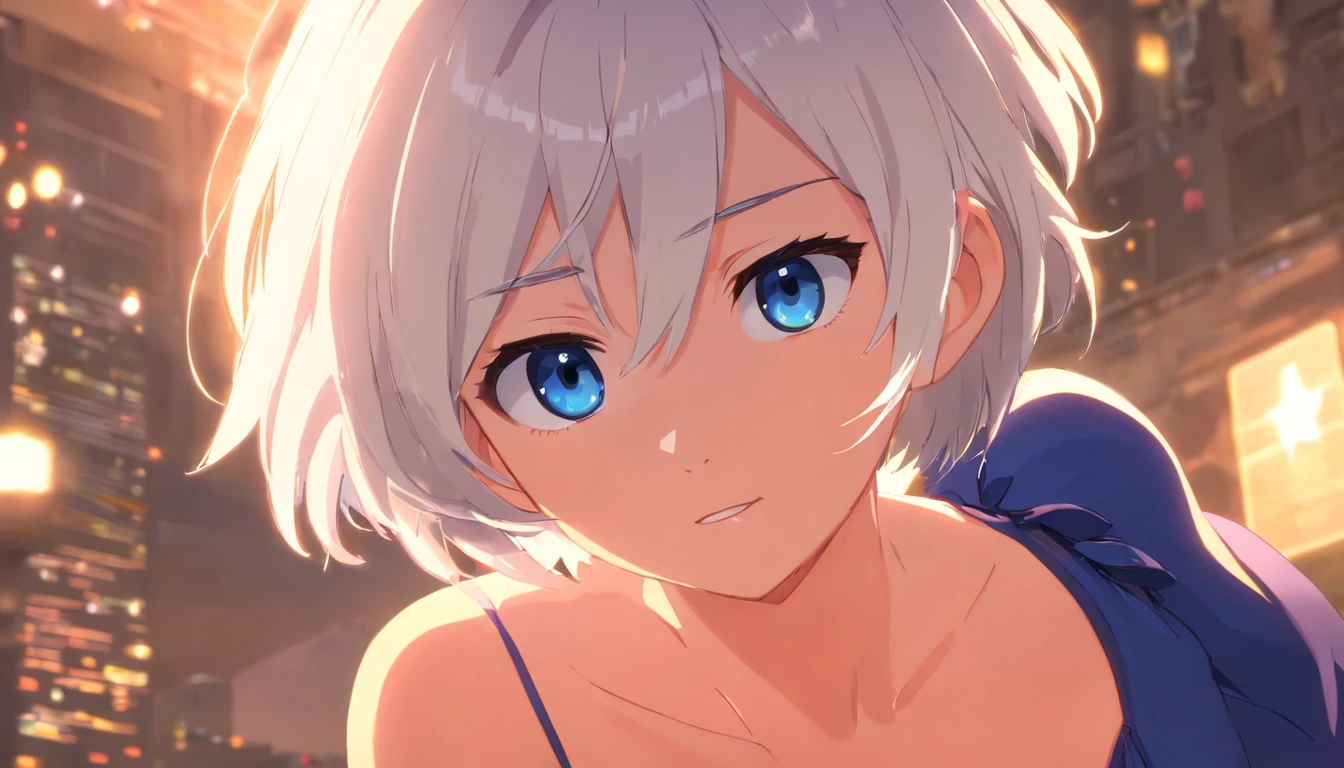 short hair, white hair, dark blue eyes, princess dress, evil expression, imposing personality, insecure