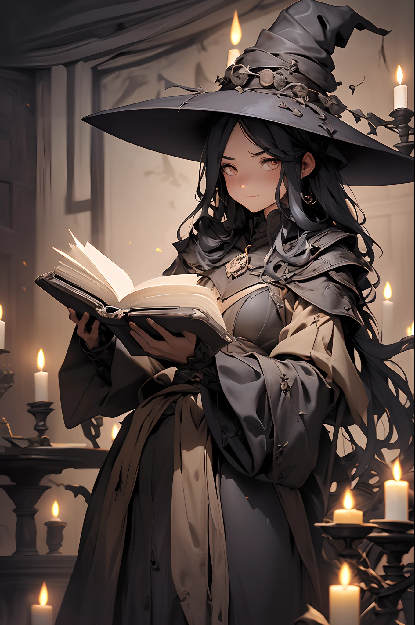 (best quality,4k,8k,highres,masterpiece:1.2),ultra-detailed,witch,old book,huge book,candlelight,spell book,spell casting,ancient,crackling fire,black robe,magical atmosphere,dark and mysterious,detailed face expression,pentagram,smoky room,dusty,cobwebs,dark magic,haunting,moonlight streaming through the window,spider crawling on the book,ominous shadows,mystical energy,enchanted symbols,flickering candlelight,aged pages,gothic,witch's hat,witch's broom,vibrant colors,gloomy,dimly lit room,spellbound,whispering incantations,ethereal,elixir brewing,magic potion,otherworldly,haunted mansion,aged props,arcane knowledge