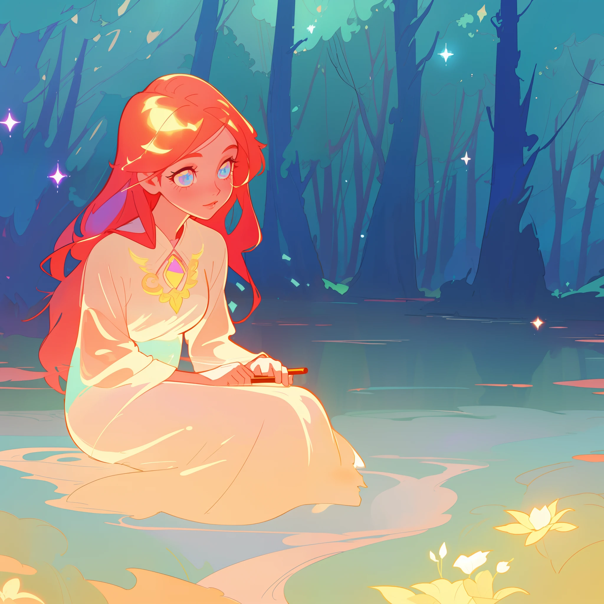 beautiful girl in simple white dress, long red hair, forest background, beautiful girl sitting in a river, forest landscape, nature, beautiful girl, beautiful face, vibrant pastel colors, (colorful), magical lights, sparkling lines of light, inspired by Glen Keane, inspired by Lois van Baarle, disney art style, by Lois van Baarle, glowing aura around her, by Glen Keane, jen bartel, glowing lights! digital painting, flowing glowing hair, glowing flowing hair, beautiful digital illustration, fantasia background, whimsical, magical, fantasy, beautiful face, ((masterpiece, best quality)), intricate details, highly detailed, sharp focus, 8k resolution, sparkling detailed eyes, liquid watercolor