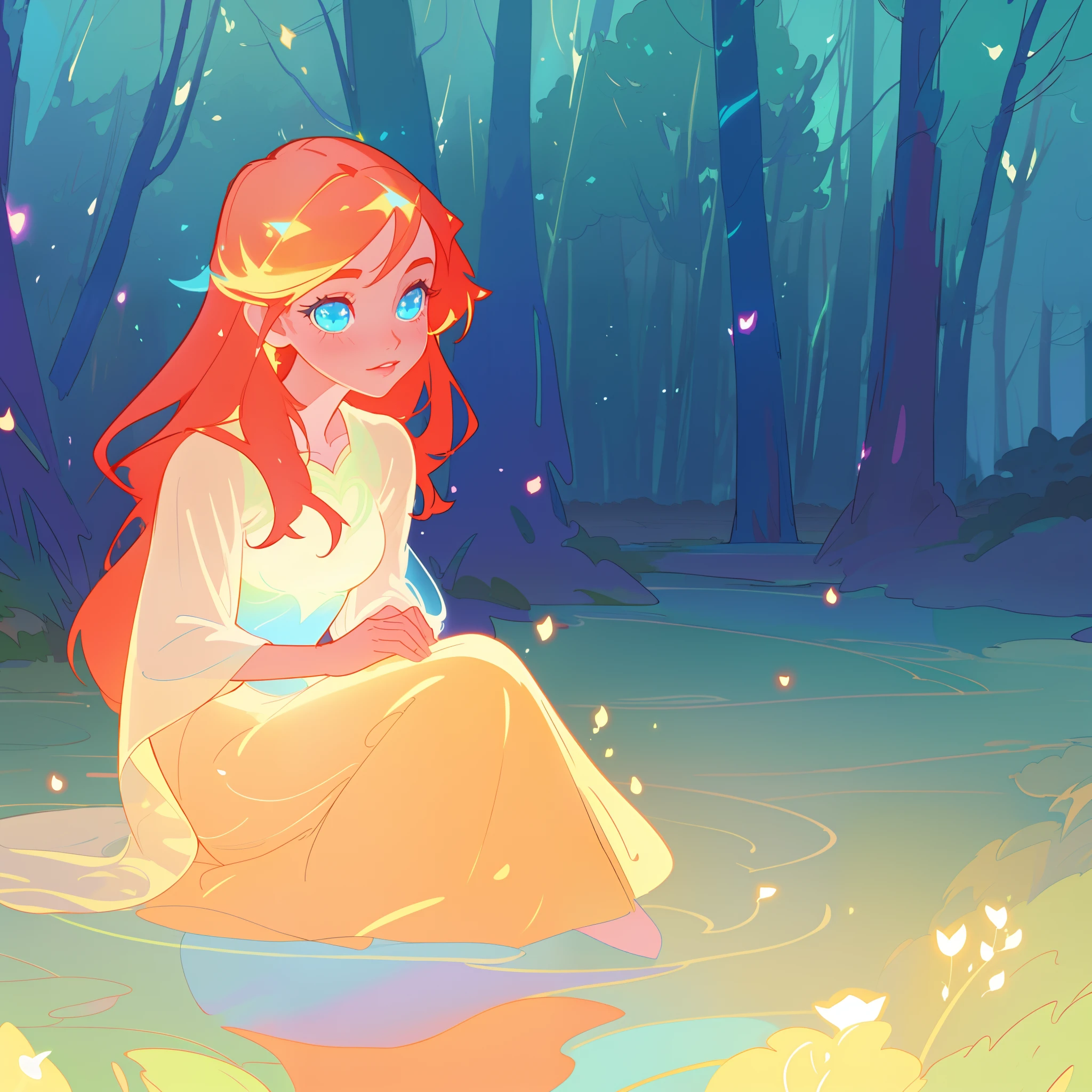 beautiful girl in simple white dress, long red hair, forest background, beautiful girl sitting in a river, forest landscape, nature, beautiful girl, beautiful face, vibrant pastel colors, (colorful), magical lights, sparkling lines of light, inspired by Glen Keane, inspired by Lois van Baarle, disney art style, by Lois van Baarle, glowing aura around her, by Glen Keane, jen bartel, glowing lights! digital painting, flowing glowing hair, glowing flowing hair, beautiful digital illustration, fantasia background, whimsical, magical, fantasy, beautiful face, ((masterpiece, best quality)), intricate details, highly detailed, sharp focus, 8k resolution, sparkling detailed eyes, liquid watercolor