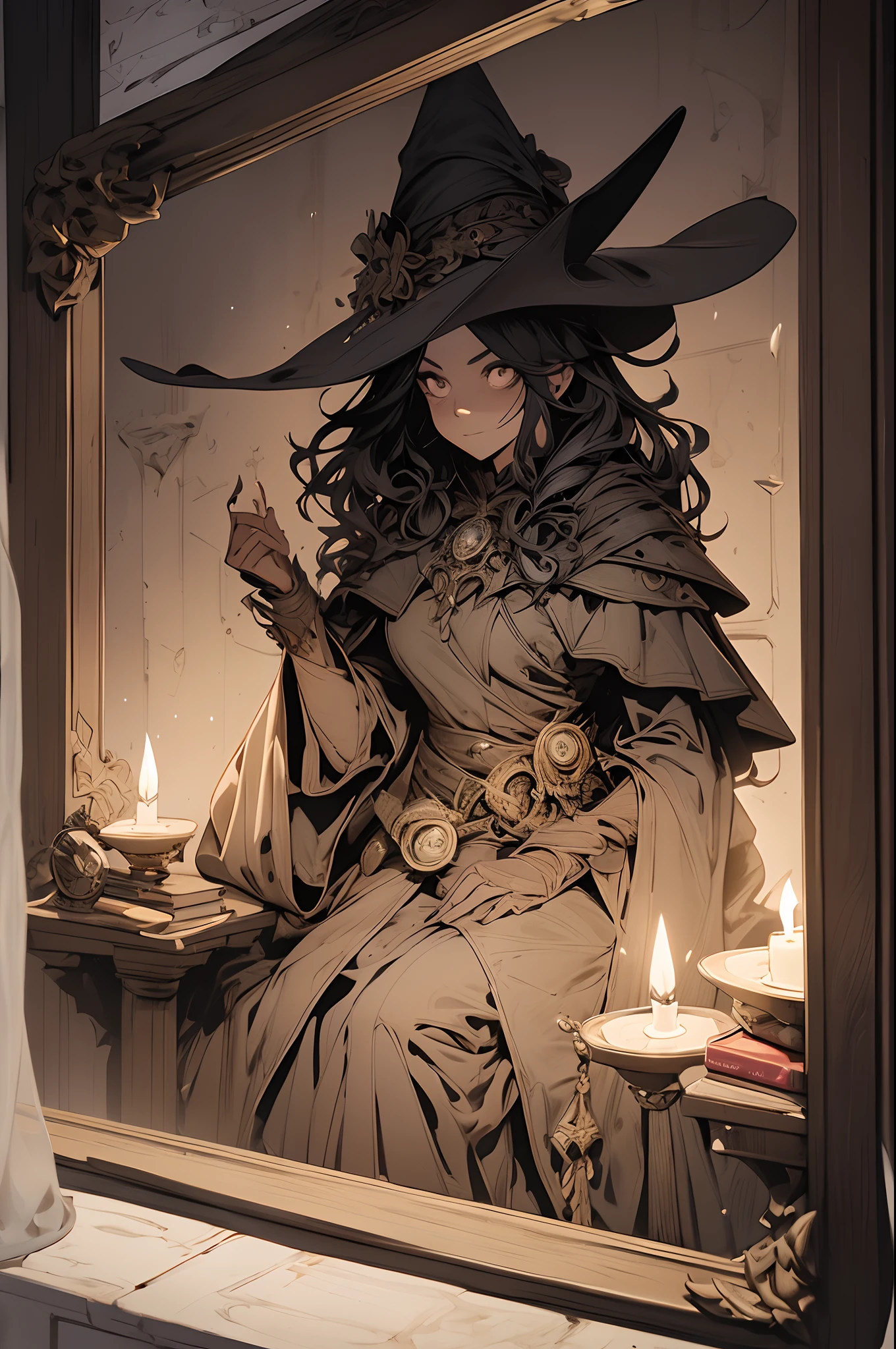 (best quality,4k,8k,highres,masterpiece:1.2),ultra-detailed,witch,old book,huge book,candlelight,spell book,spell casting,ancient,crackling fire,black robe,magical atmosphere,dark and mysterious,detailed face expression,pentagram,smoky room,dusty,cobwebs,dark magic,haunting,moonlight streaming through the window,spider crawling on the book,ominous shadows,mystical energy,enchanted symbols,flickering candlelight,aged pages,gothic,witch's hat,witch's broom,vibrant colors,gloomy,dimly lit room,spellbound,whispering incantations,ethereal,elixir brewing,magic potion,otherworldly,haunted mansion,aged props,arcane knowledge