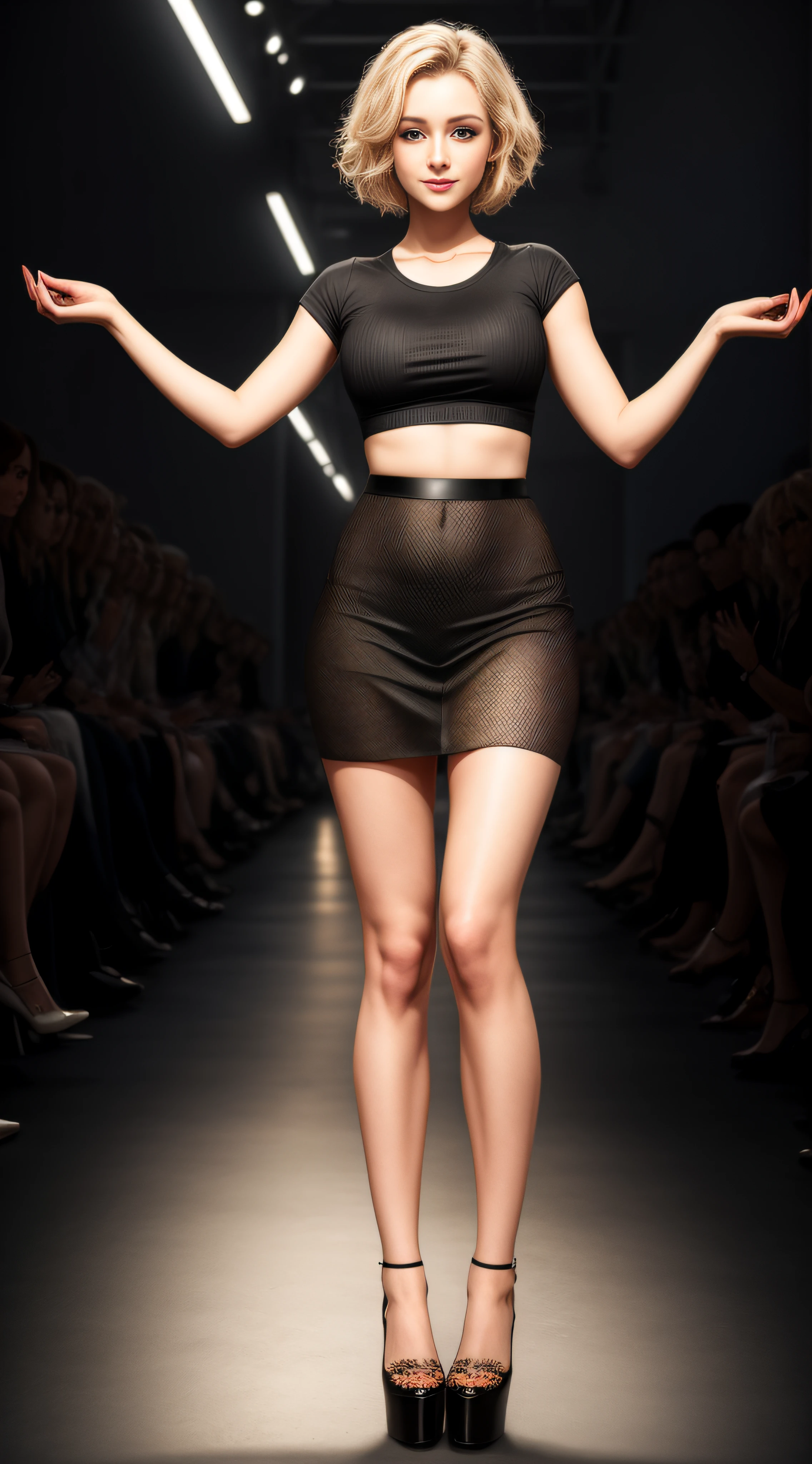 full figure, Jana novak , lanky girl, very thin, blue eyes, short brown punk hair shaved on one side long in other side, high cheekbones, pointed nose, pointed chin, pretty, androgenic face, walking on the catwalk at a fashion show fashionable. (skimpy mini skirt:1.3), (topless:1.2)