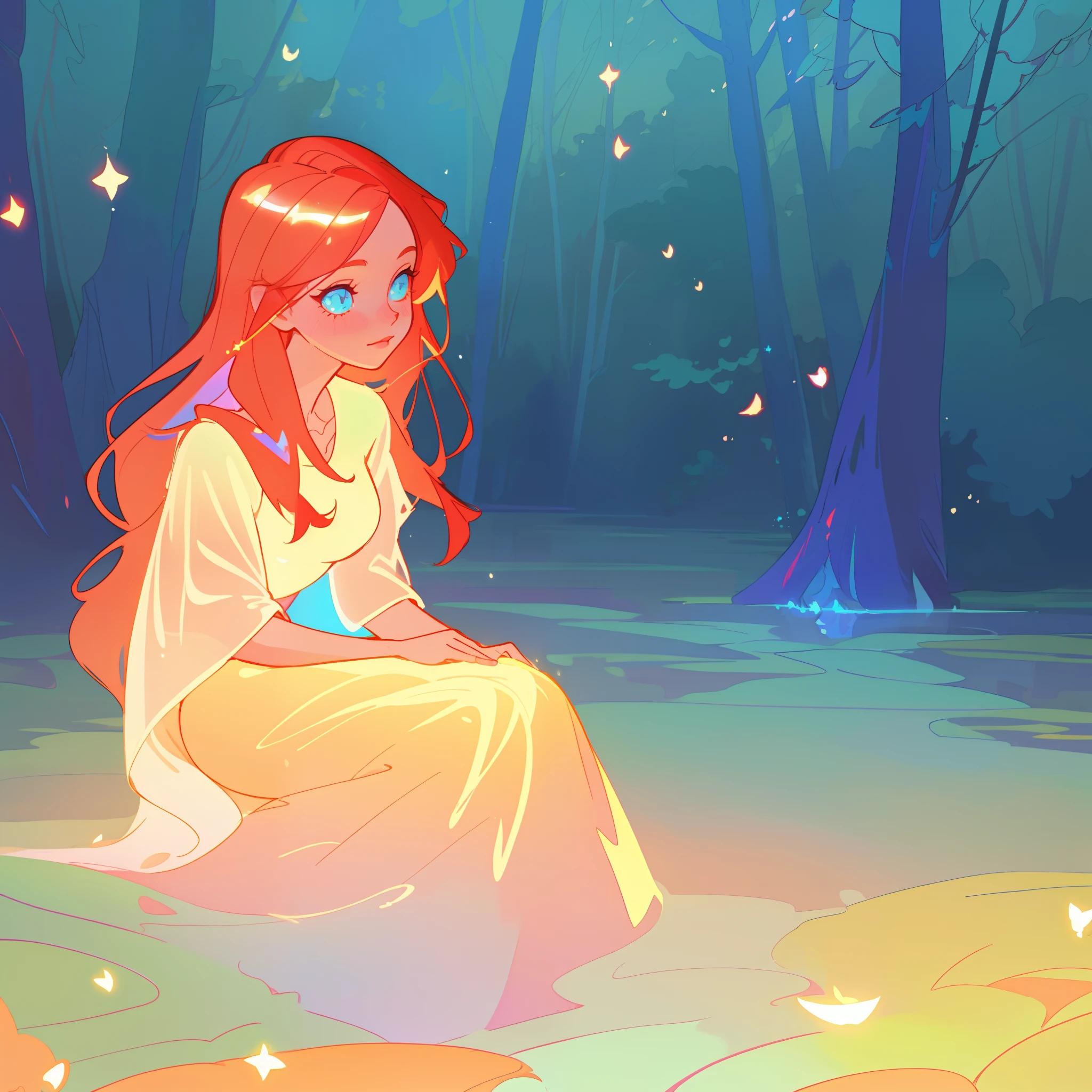 beautiful girl in simple white dress, long red hair, forest background, beautiful girl sitting in a river, forest landscape, nature, beautiful girl, beautiful face, vibrant pastel colors, (colorful), magical lights, sparkling lines of light, inspired by Glen Keane, inspired by Lois van Baarle, disney art style, by Lois van Baarle, glowing aura around her, by Glen Keane, jen bartel, glowing lights! digital painting, flowing glowing hair, glowing flowing hair, beautiful digital illustration, fantasia background, whimsical, magical, fantasy, beautiful face, ((masterpiece, best quality)), intricate details, highly detailed, sharp focus, 8k resolution, sparkling detailed eyes, liquid watercolor