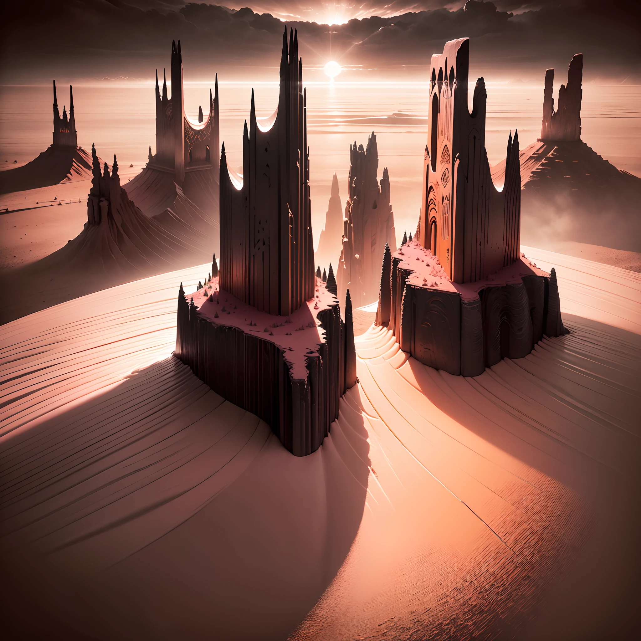 Paper carving:(monument valley),((The rays of the setting sun cut through the clouds)),rock formations,Mesa Bhikkhu,Towering cliffs,A desert,Endless open space,((Pink lines)),((In a monochrome artwork style that resonates with ominousness)),Felicia Simin,(digital art techniques), (Light black and magenta),((Rolling waves black and orange))--Q2--S750--V 5.