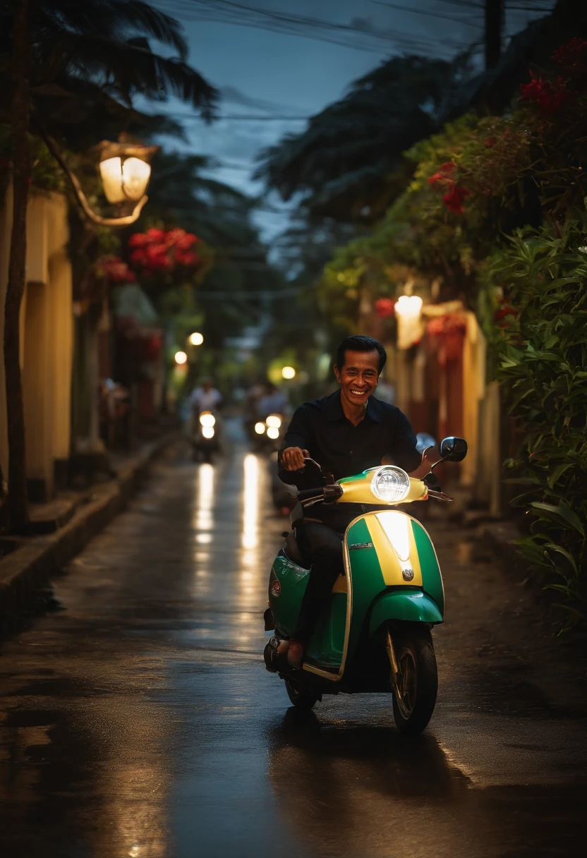 Streets at night，A tranquil，Soothes and aids sleep, jokowi on scooter