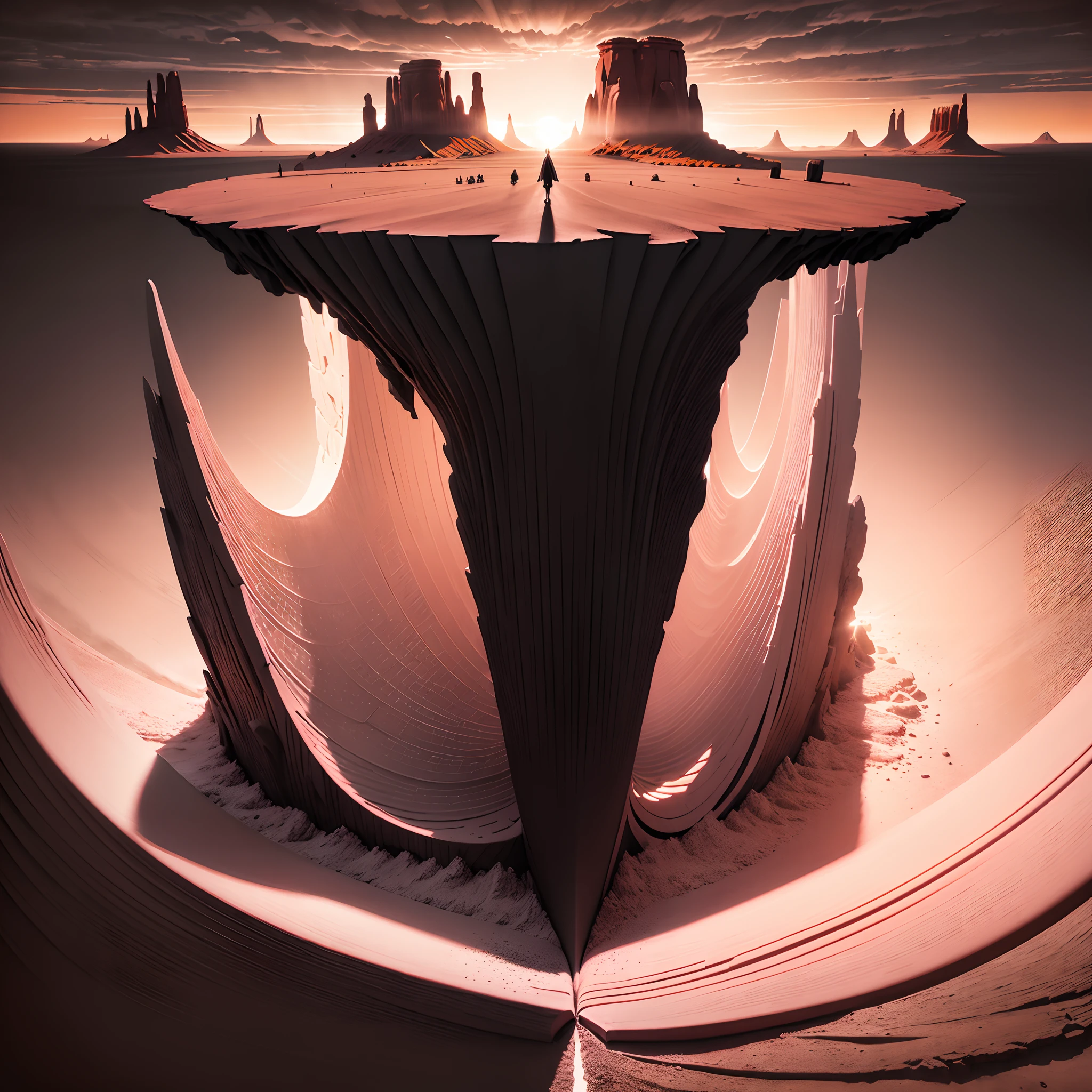 Paper carving:(monument valley),((The rays of the setting sun cut through the clouds)),rock formations,Mesa Bhikkhu,Towering cliffs,A desert,Endless open space,((Pink lines)),((In a monochrome artwork style that resonates with ominousness)),Felicia Simin,(digital art techniques), (Light black and magenta),((Rolling waves black and orange))--Q2--S750--V 5.