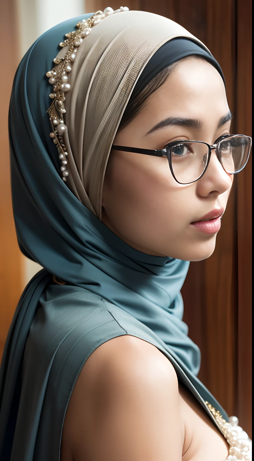 side shot, (iu:0.8),cleavage, RAW, Best quality, high resolution, Masterpiece: 1.3, Beautiful glasses pearl_skinned hijabi javanese wearing sexy tribe, Masterpiece, Soft smile