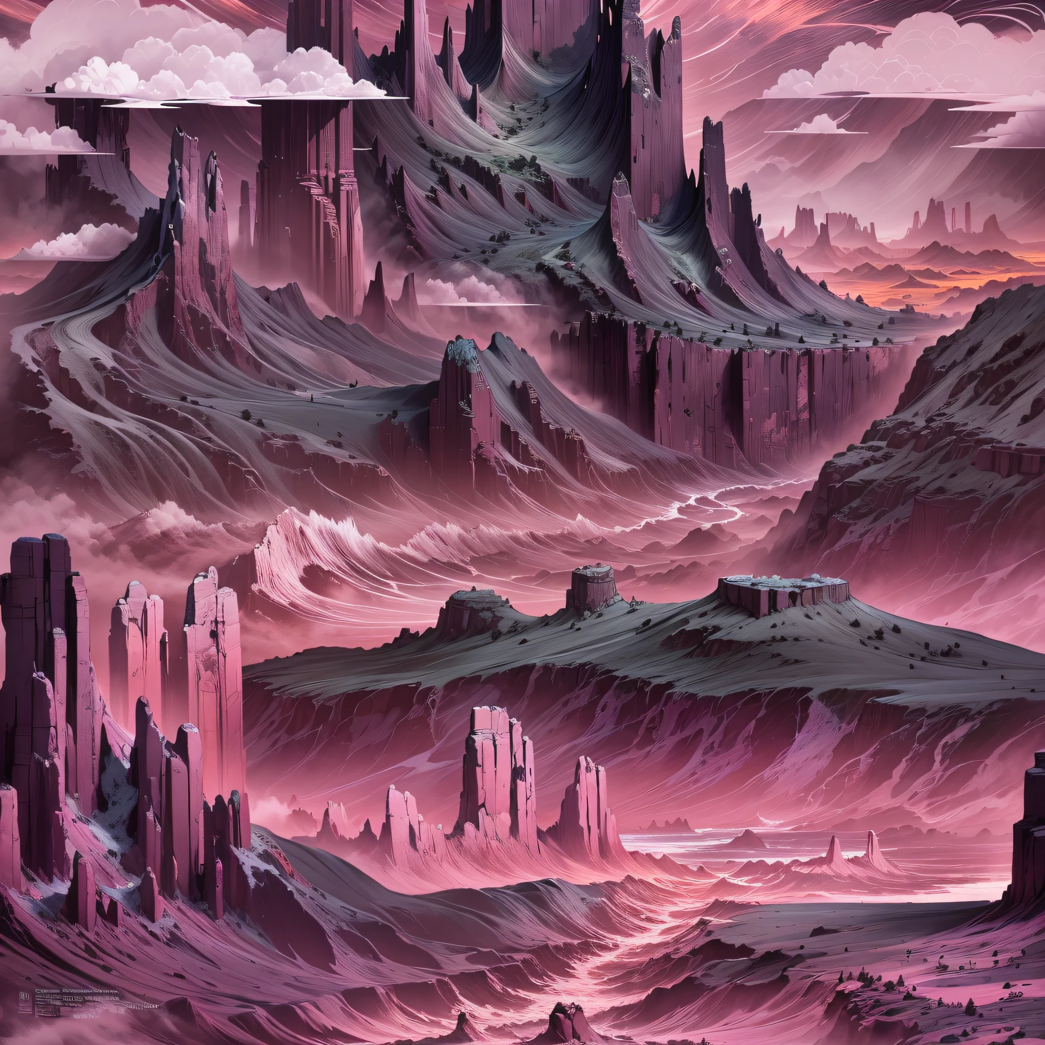 Paper carving：(monument valley),((The rays of the setting sun cut through the clouds)),rock formations,Mesa Bhikkhu,Towering cliffs,A desert,Endless open space,((Pink lines)),((In a monochrome artwork style that resonates with ominousness)),Felicia Simin,(digital art techniques), (Light black and magenta),((Rolling waves black and orange))--Q2--S750--V 5.