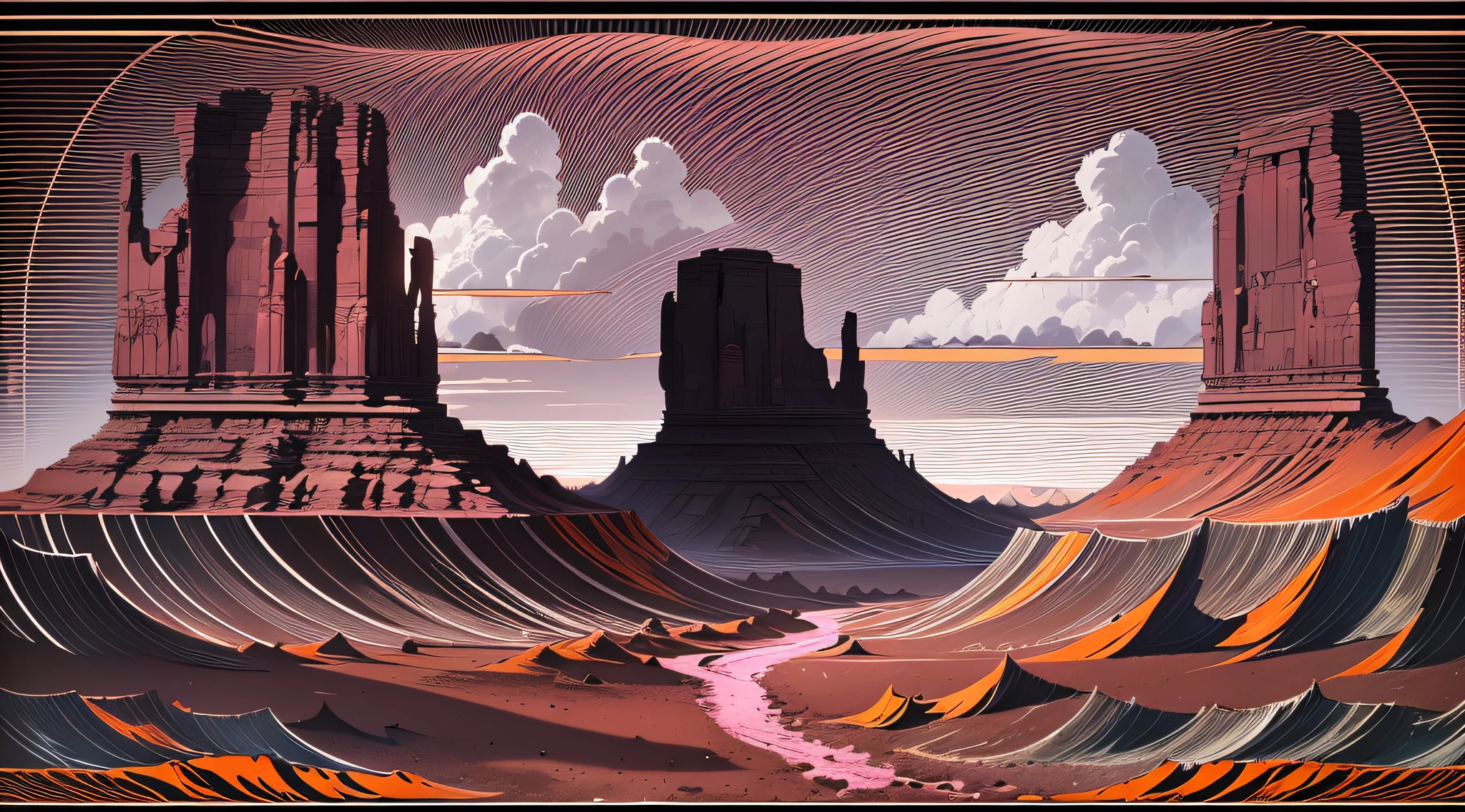 (monument valley),((The rays of the setting sun cut through the clouds)),rock formations,Mesa Bhikkhu,Towering cliffs,A desert,Endless open space,((Pink lines)),((In a monochrome artwork style that resonates with ominousness)),Felicia Simin,(digital art techniques), (Light black and magenta),((Rolling waves black and orange))--Q2--S750--V 5.