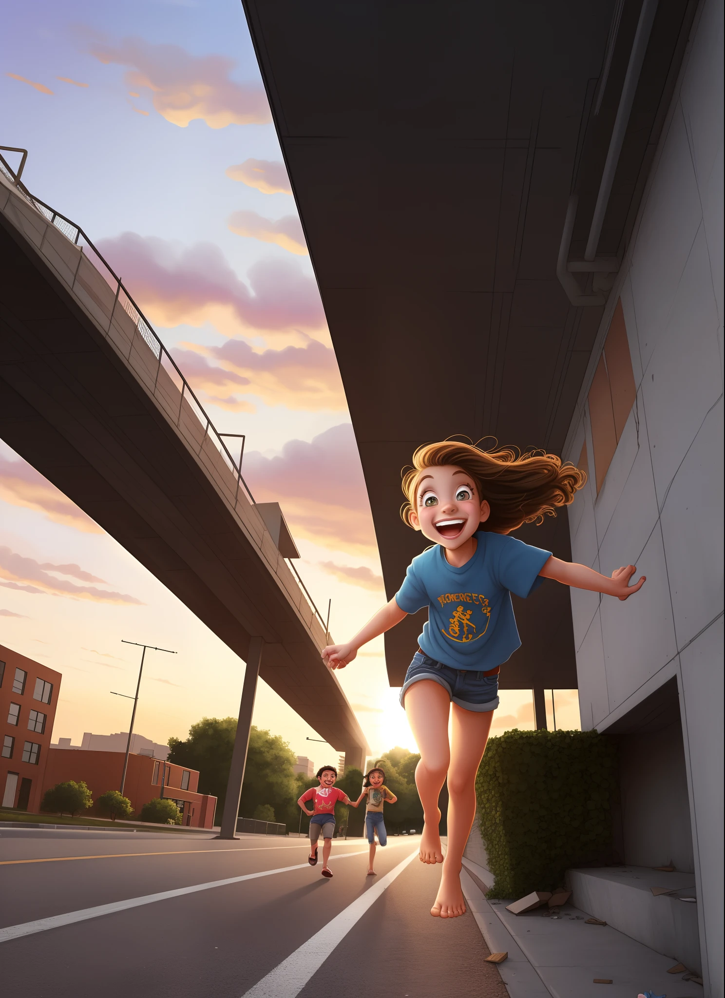 "sunset, low perspective traditional cute chibi cartoon of a 400 foot tall giant thick barefoot age girl with hazel eyes wearing blue jeans and a purple swearerwalking in between buildings, looking down, smiling mischievously, mouth opened, and lifting one foot above some tiny citizens who are running away from him, the city looks tiny compared to him and she's having fun squishing people with her feet. wreckage/rubble around her