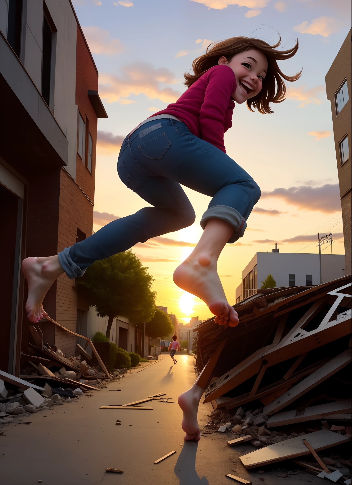 "sunset, low perspective traditional cute chibi cartoon of a 400 foot tall giant thick barefoot teenage girl with hazel eyes wearing blue jeans and a purple swearerwalking in between buildings, looking down, smiling mischievously, mouth opened, and lifting one foot above some tiny citizens who are running away from him, the city looks tiny compared to him and she's having fun squishing people with her feet. wreckage/rubble around her