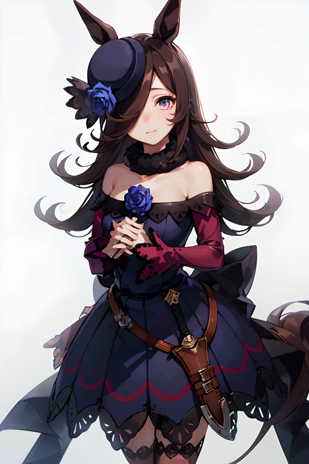 NSFW,((top-quality、​masterpiece:1.3))、{{​masterpiece}}、illustratio、top-quality、RiceShower(Trasen Uniform)、Lifting clothes、Embarrassment、Lifting the dress:1.4、lifted by self:1.4、thighs thighs thighs thighs、red blush、frilld、Black Dress、Black knee socks、nighttime scene,Blue roses,red blush:1.4、length hair、a purple eye、bangss、Long bangs、length hair、Poor chest、Hair covers the right eye