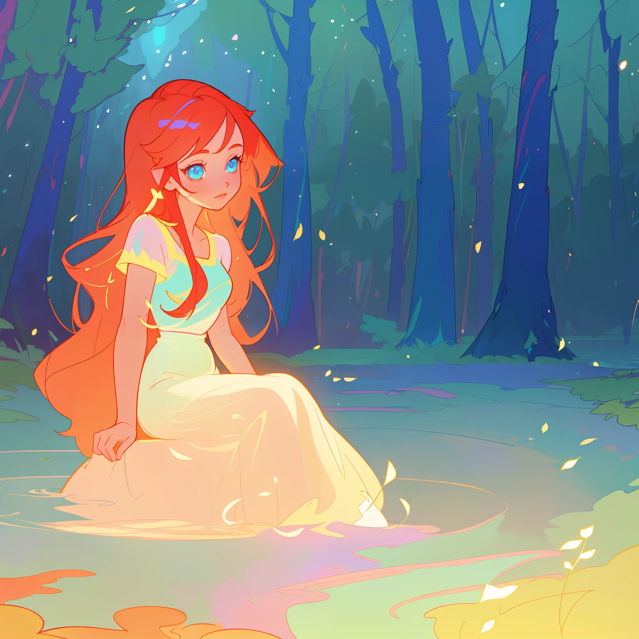 beautiful girl in simple white dress, long red hair, forest background, beautiful girl sitting in a river, forest landscape, nature, beautiful girl, beautiful face, vibrant pastel colors, (colorful), magical lights, sparkling lines of light, inspired by Glen Keane, inspired by Lois van Baarle, disney art style, by Lois van Baarle, glowing aura around her, by Glen Keane, jen bartel, glowing lights! digital painting, flowing glowing hair, glowing flowing hair, beautiful digital illustration, fantasia background, whimsical, magical, fantasy, beautiful face, ((masterpiece, best quality)), intricate details, highly detailed, sharp focus, 8k resolution, sparkling detailed eyes, liquid watercolor