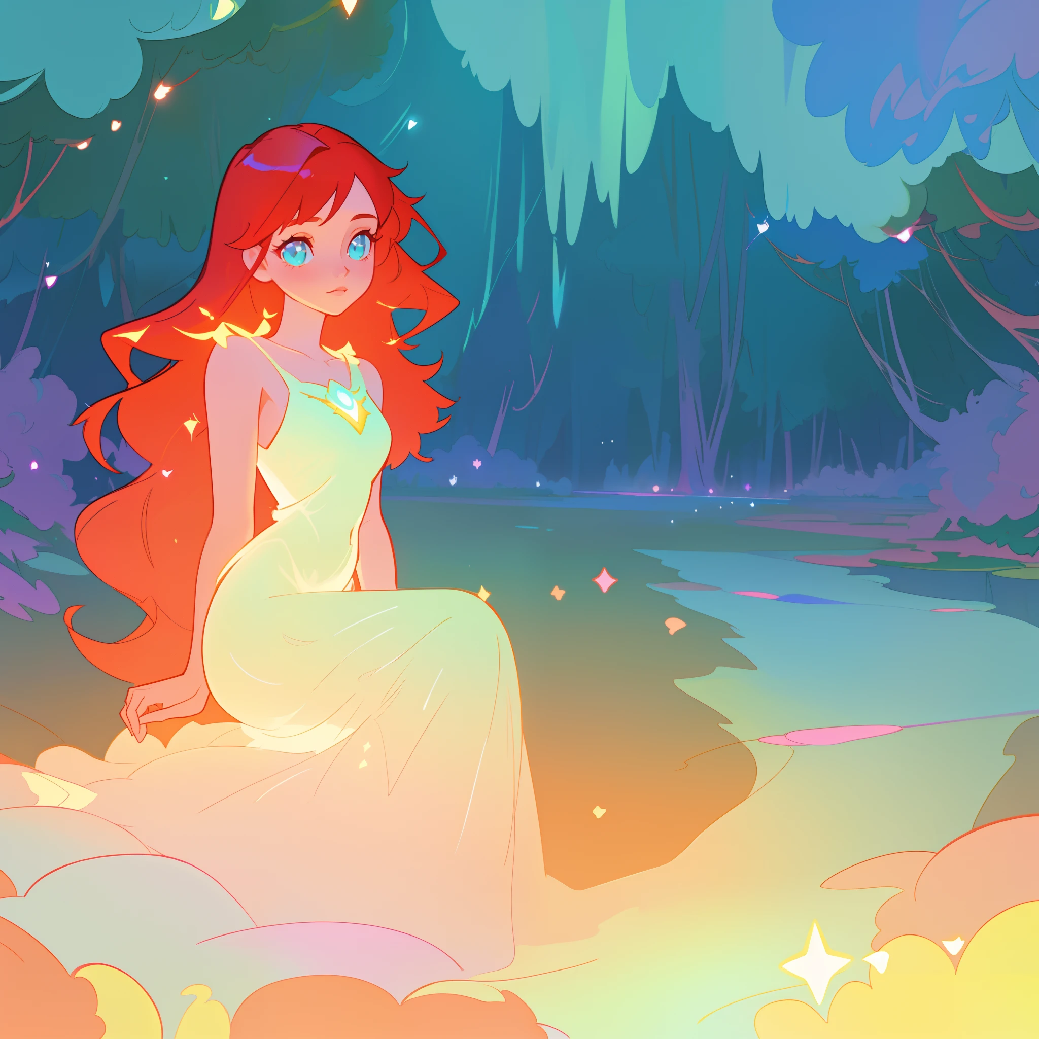 beautiful girl in simple white dress, long red hair, forest background, beautiful girl sitting in a river, forest landscape, nature, beautiful girl, beautiful face, vibrant pastel colors, (colorful), magical lights, sparkling lines of light, inspired by Glen Keane, inspired by Lois van Baarle, disney art style, by Lois van Baarle, glowing aura around her, by Glen Keane, jen bartel, glowing lights! digital painting, flowing glowing hair, glowing flowing hair, beautiful digital illustration, fantasia background, whimsical, magical, fantasy, beautiful face, ((masterpiece, best quality)), intricate details, highly detailed, sharp focus, 8k resolution, sparkling detailed eyes, liquid watercolor