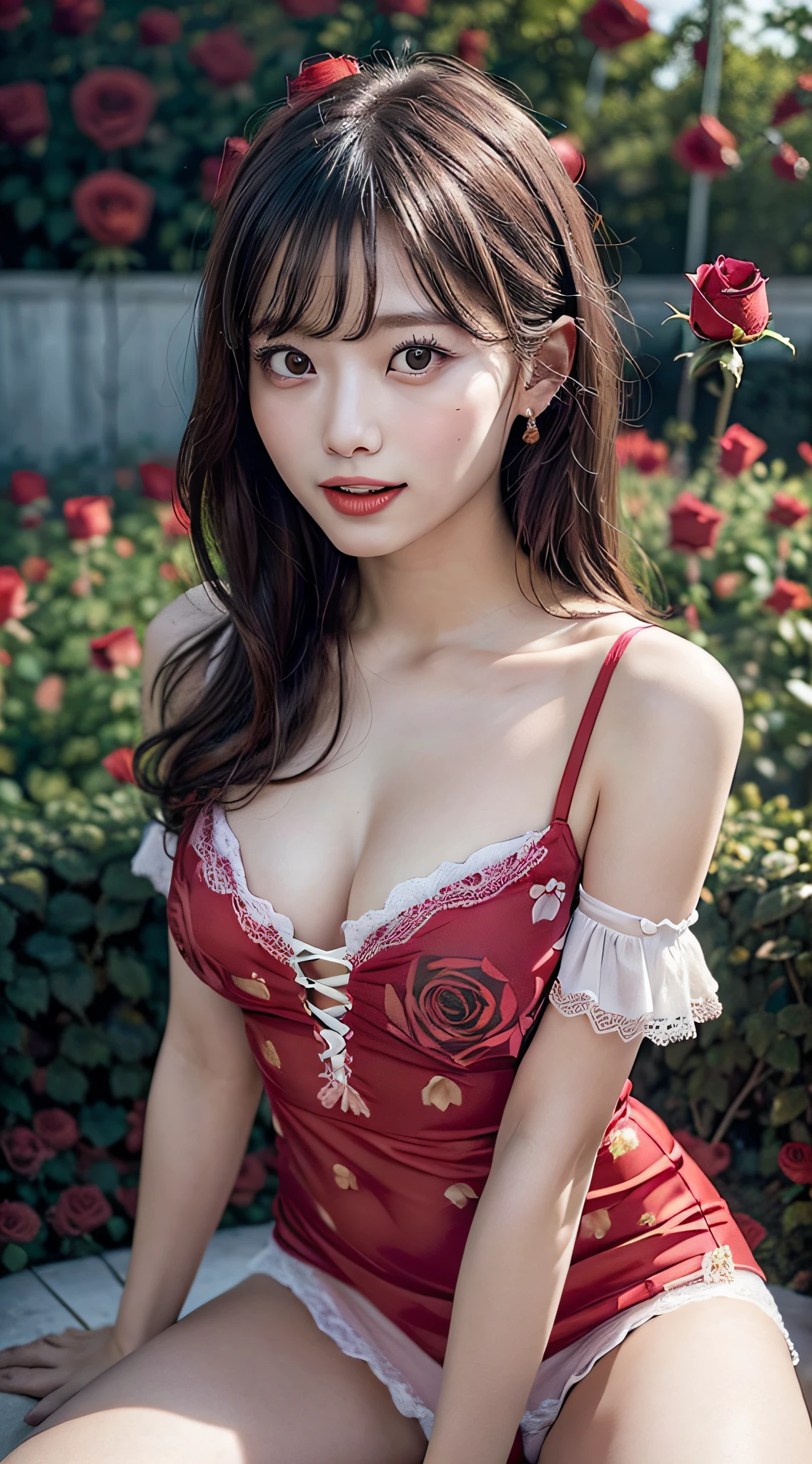 1girl, (clean appearance, radiant sense of happiness), (Adorable and sexy appearance:1.2), open mouth slightly, (big round eyes:1.2), (extremely detailed beautiful face), (Short pink lace dress with open chest), (bare shoulders:1.3), (Best Quality:1.4), (Ultra-detailed), (Ultra realistic, photo-realistic:1.37), beautiful fair skin, extremely detailed CG unified 8k wallpaper, raw photos, professional photograpy, cinematic lighting, (red rose garden:1.5), (Surrounded by so many red rose:1.5), (sitting), bench, spread legs wide open, (panties), Inner thigh, Staring at me, fashionable, trendy, Clear skies,
