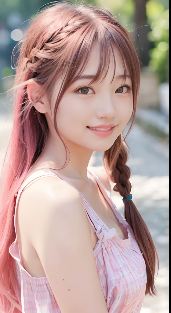 highest quality, masterpiece, Ultra-high resolution, (Realistic:1.4), (Close-up portrait) RAW Photos, 1 girl,20-year-old,((I'm showing my teeth and smiling)),((Big smile)),((I have one carnation)),((pure white dress)),((Random cute poses)),,((Passionate pink haired girl )),Braided hair,((High Fashion)),Messy Hair,((Cap Chestnut)),((Short bangs)),Realistic,Picture Media Chest)),