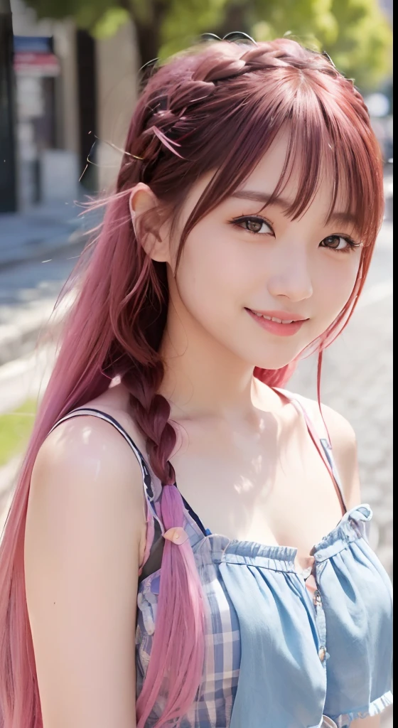 (8K、top-quality、masterpiece:1.2)、(reallistic、Photorealsitic:1.37)、The ultra-detailliert、1人、18year old、Medium chest、Beautie、Beautiful and perfect face、up close shot、Natural smile、独奏、holiday、Bustling street、shopping、Fashionable clothes、Redness of the nose)、(A smile:1.5)、(With mouth closed) 、beautidful eyes、(long:1.2)、Floating hair 、Middle hair、Pink Hair Medium Hair, (Pink hair), Ear Hair, small tits, Single braid, (Single braid), (Side braid),Checked shirt
