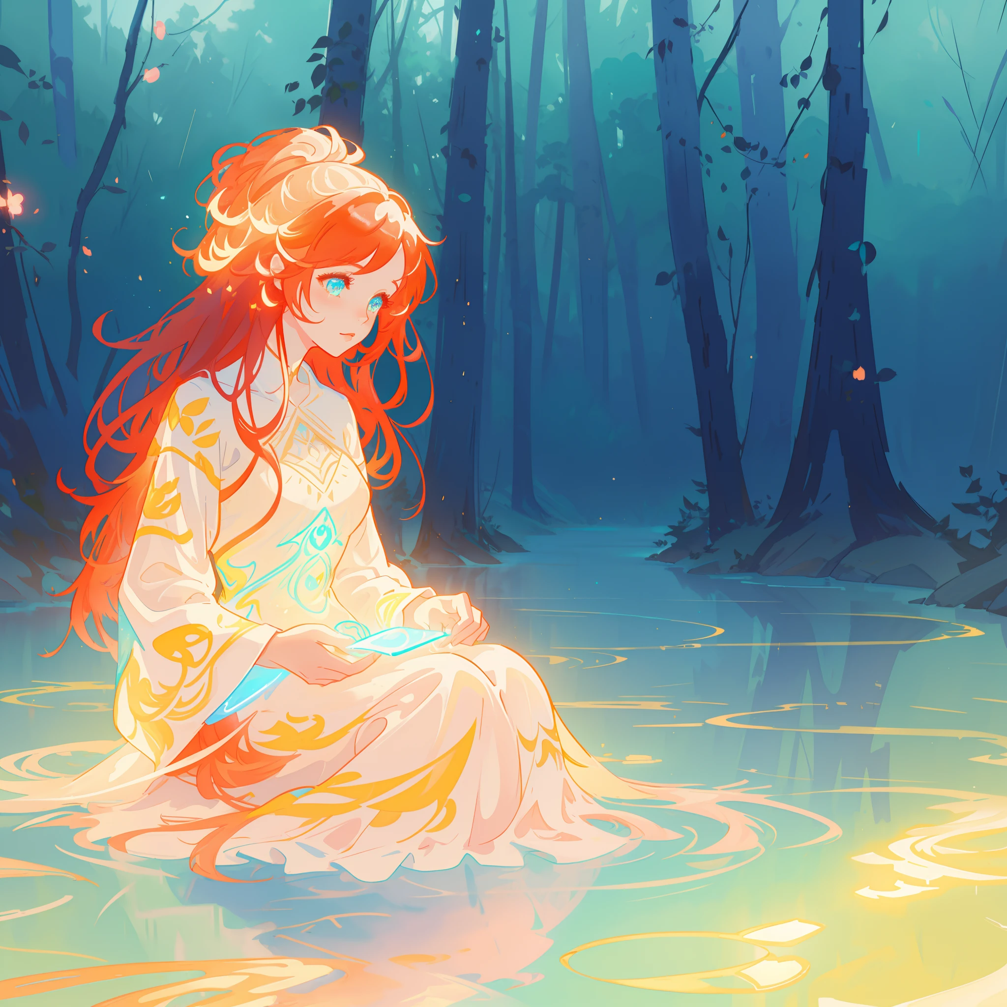 beautiful girl in simple white dress, long red hair, forest background, beautiful girl sitting in a river, forest landscape, nature, beautiful girl, beautiful face, vibrant pastel colors, (colorful), magical lights, sparkling lines of light, inspired by Glen Keane, inspired by Lois van Baarle, disney art style, by Lois van Baarle, glowing aura around her, by Glen Keane, jen bartel, glowing lights! digital painting, flowing glowing hair, glowing flowing hair, beautiful digital illustration, fantasia background, whimsical, magical, fantasy, beautiful face, ((masterpiece, best quality)), intricate details, highly detailed, sharp focus, 8k resolution, sparkling detailed eyes, liquid watercolor
