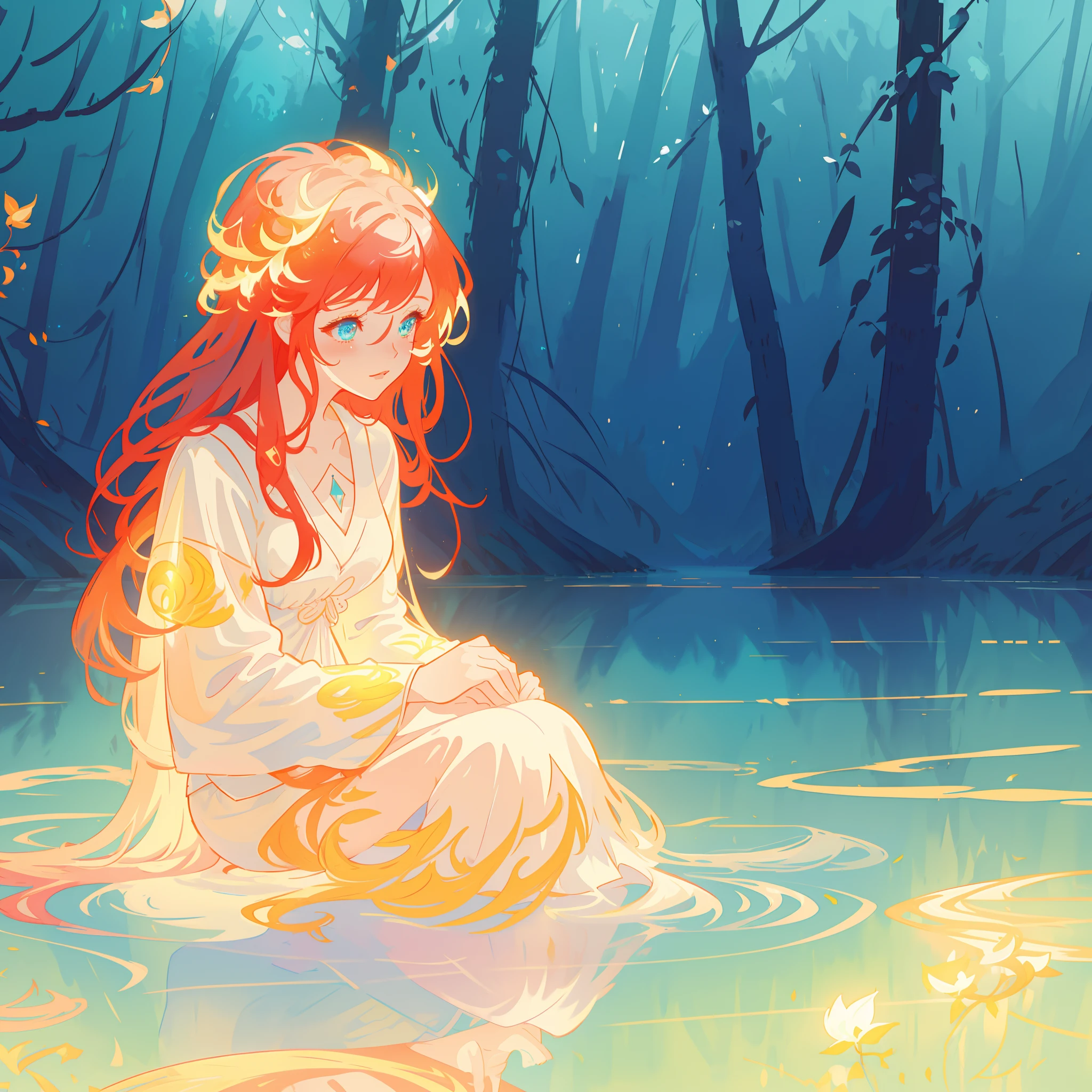 beautiful girl in simple white dress, long red hair, forest background, beautiful girl sitting in a river, forest landscape, nature, beautiful girl, beautiful face, vibrant pastel colors, (colorful), magical lights, sparkling lines of light, inspired by Glen Keane, inspired by Lois van Baarle, disney art style, by Lois van Baarle, glowing aura around her, by Glen Keane, jen bartel, glowing lights! digital painting, flowing glowing hair, glowing flowing hair, beautiful digital illustration, fantasia background, whimsical, magical, fantasy, beautiful face, ((masterpiece, best quality)), intricate details, highly detailed, sharp focus, 8k resolution, sparkling detailed eyes, liquid watercolor