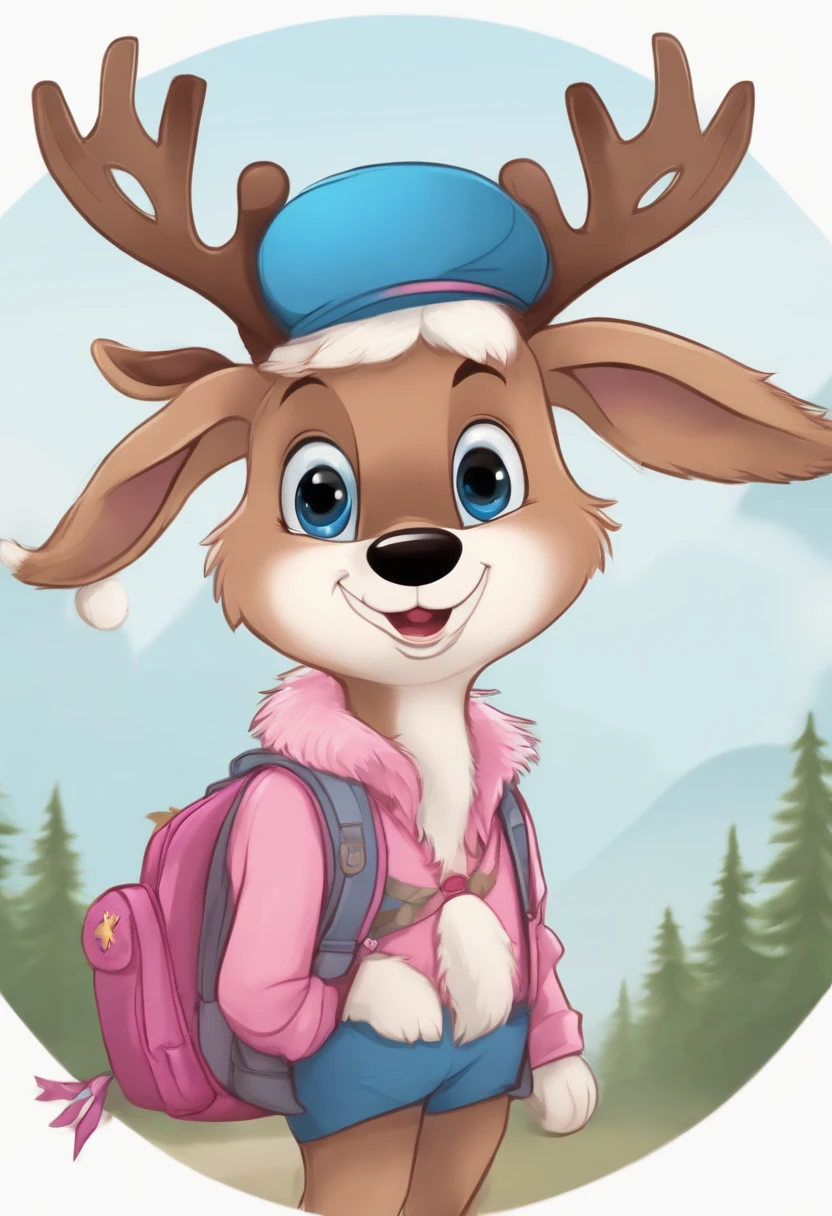 reindeer as a cute boy, wearing a pink top hat with white x mark in front, small blue backpack, circular black eyes, pupil almost as big as eye, blue nose, hooves as hands and feet, brown fur, no shirt, maroon shorts