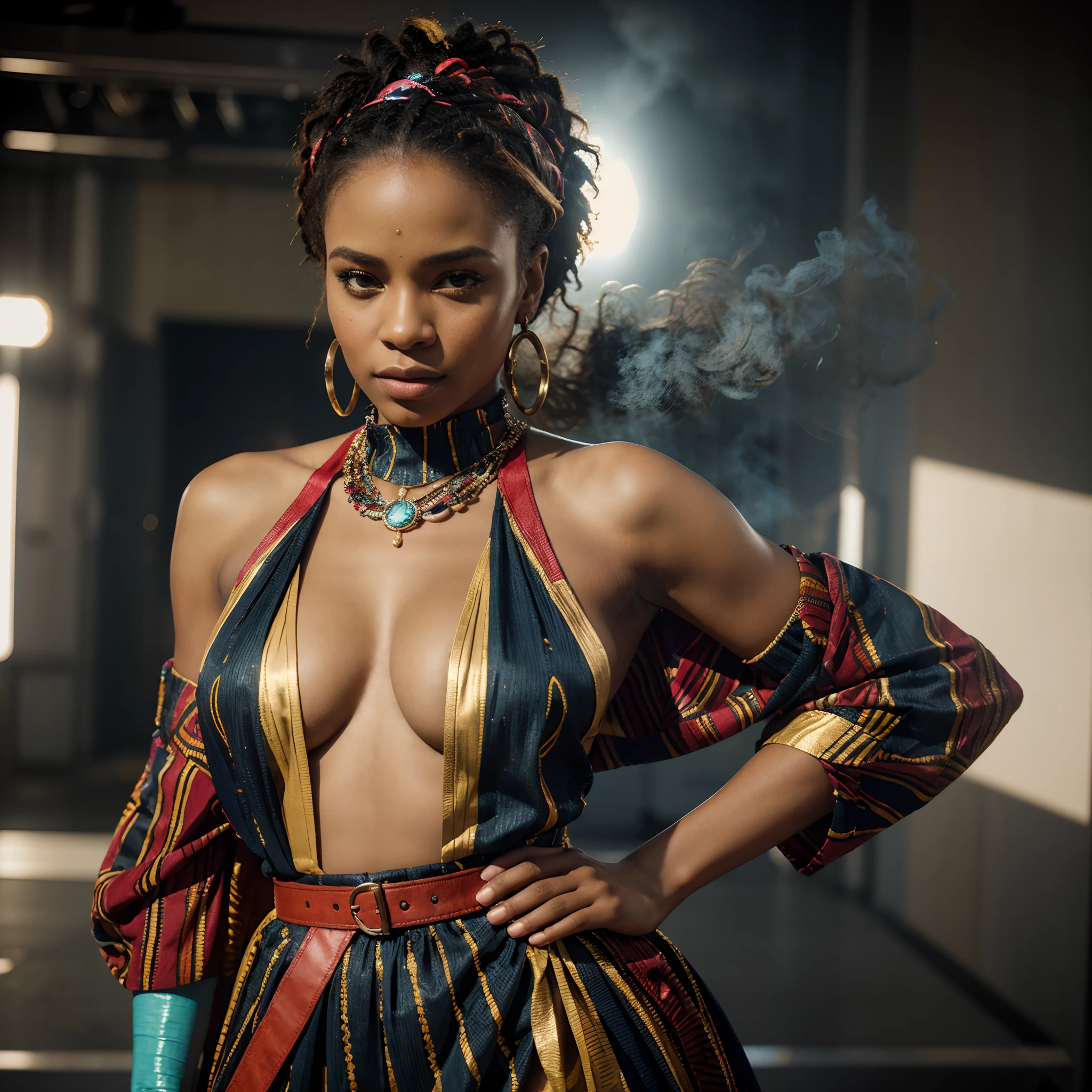 by royo, hyperdetailed, hyperrealistic, vivid portrait of a beautiful african woman in an African designed 80s- sfrican inspired outfit with vibrant colors, exaggerated shoulder pads, and bold accessories. Striking a powerful pose with an intense gaze, surrounded by a halo of smoke in tones that enhance her expression. On a stage with the smoke mimicking waves, matching the colors of her outfit. Perfect composition, exquisite attention to small details, realistic reflections, UHD, 8k, ultra-detailed texture, volumetric light, cinematic effects, masterpiece, trending on ArtStation, Octane 3D rendering