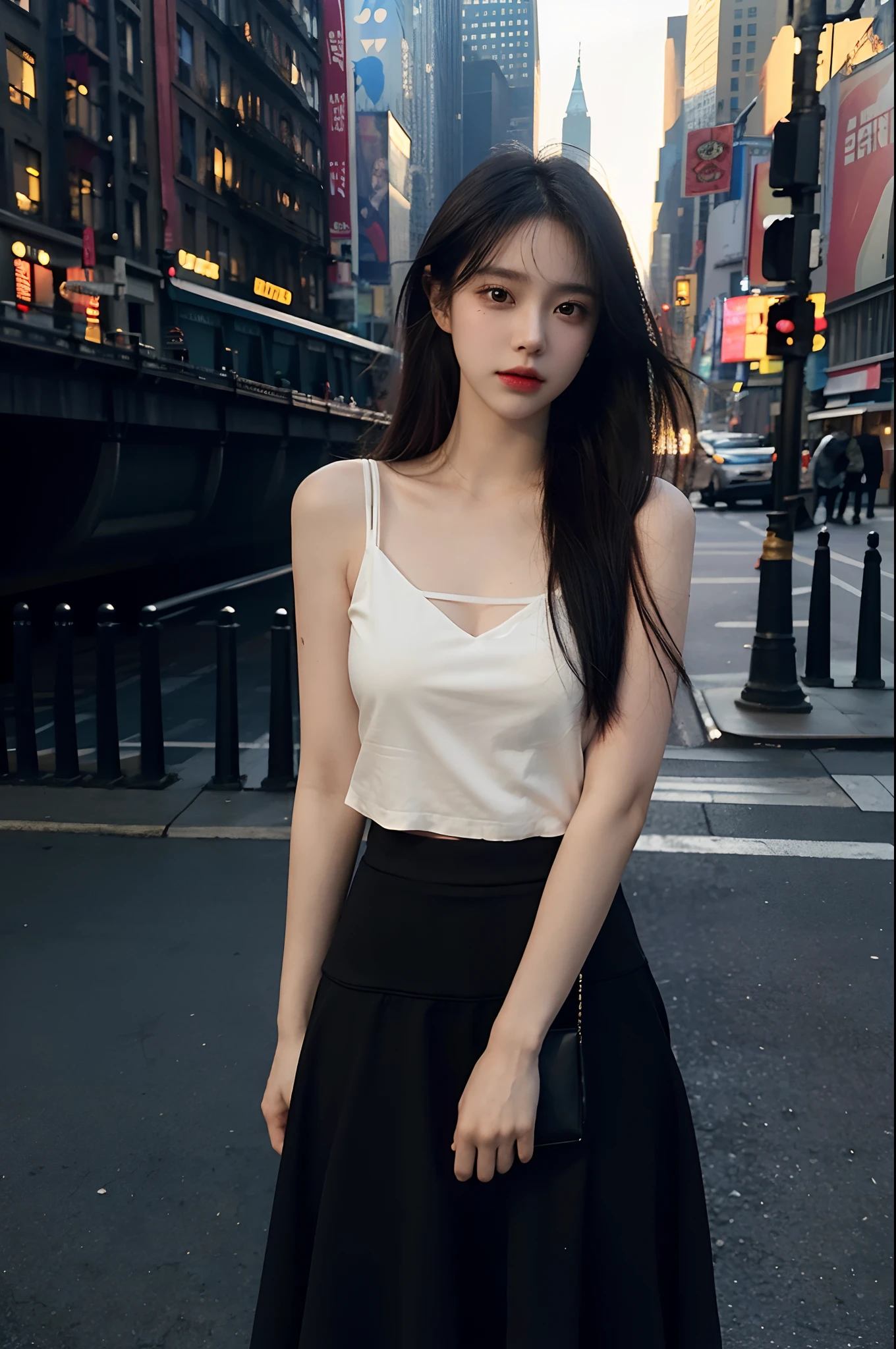 1girll, (view the viewer:1.2), Detal Face,  (a girl standing, Tear in CG society, black shadows, Streaming, new york backdrop), romanticism lain, Atmospheric, (RAW photo, Best quality), (Realistic, photo-realistic:1.3), Masterpiece, An extremely delicate and beautiful, Extremely detailed,