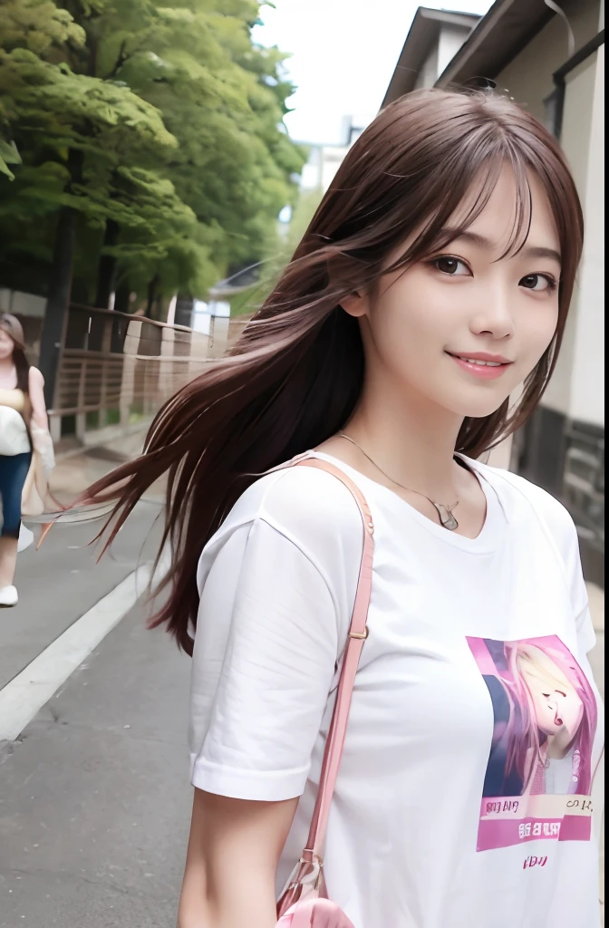 (8K、top-quality、masterpiece:1.2)、(reallistic、Photorealsitic:1.37)、The ultra-detailliert、1人、18year old、Medium chest、Pink Hair Medium Hair, (Pink hair),Beautie、Beautiful and perfect face、Natural smile、独奏、holiday、Bustling street、shopping、Fashionable clothes、Redness of the nose)、(A smile:1.5)、(With mouth closed) 、beautidful eyes、(long:1.2)、Floating hair 、Middle hair、 Ear Hair, small tits, Single braid, (Single braid), (Side braid),Checked shirt