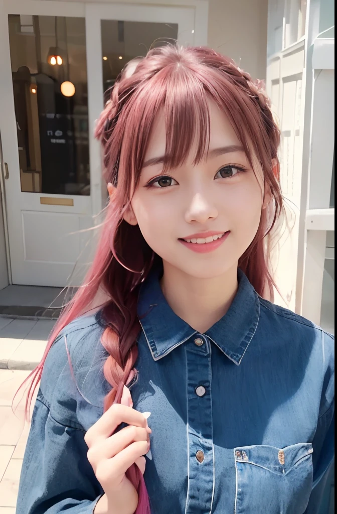 (8K、top-quality、masterpiece:1.2)、(reallistic、Photorealsitic:1.37)、The ultra-detailliert、女の子1人、18year old、Medium chest、Pink Hair Medium Hair, (Pink hair),Beautie、Beautiful and perfect face、Natural smile、独奏、holiday、Bustling street、shopping、Fashionable clothes、Redness of the nose)、(A smile:1.5)、(With mouth closed) 、beautidful eyes、(long:1.2)、Floating hair 、Middle hair、 Ear Hair, small tits, Single braid, (Single braid), (Side braid),Checked shirt