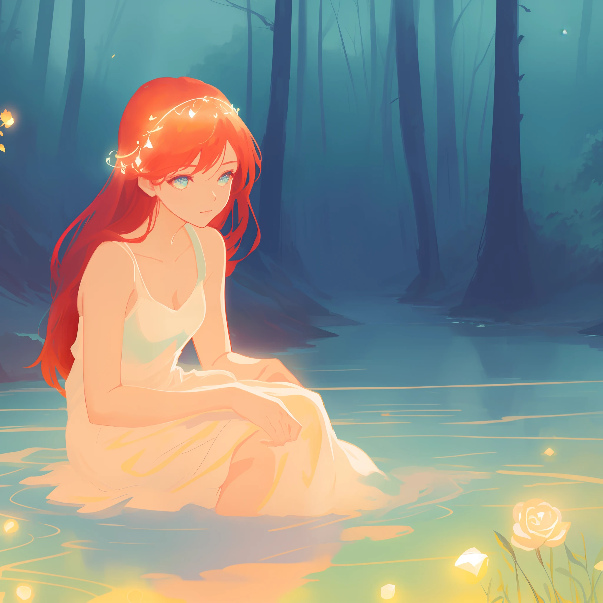 beautiful girl in simple white dress, long red hair, forest background, beautiful girl sitting in a river, forest landscape, nature, beautiful girl, beautiful face, vibrant pastel colors, (colorful), magical lights, sparkling lines of light, inspired by Glen Keane, inspired by Lois van Baarle, disney art style, by Lois van Baarle, glowing aura around her, by Glen Keane, jen bartel, glowing lights! digital painting, flowing glowing hair, glowing flowing hair, beautiful digital illustration, fantasia background, whimsical, magical, fantasy, beautiful face, ((masterpiece, best quality)), intricate details, highly detailed, sharp focus, 8k resolution, sparkling detailed eyes, liquid watercolor