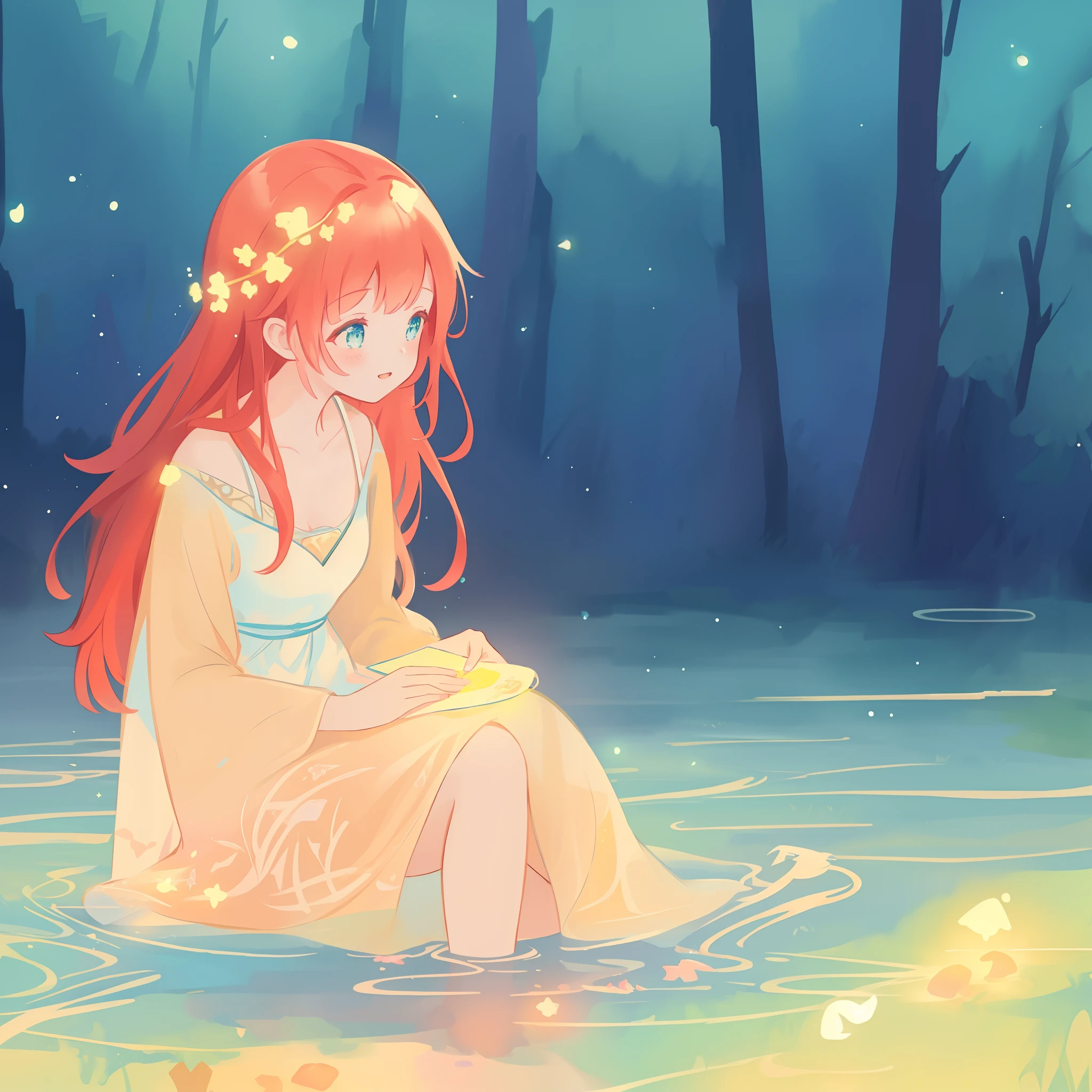 beautiful girl in simple white dress, long red hair, forest background, beautiful girl sitting in a river, forest landscape, nature, beautiful girl, beautiful face, vibrant pastel colors, (colorful), magical lights, sparkling lines of light, inspired by Glen Keane, inspired by Lois van Baarle, disney art style, by Lois van Baarle, glowing aura around her, by Glen Keane, jen bartel, glowing lights! digital painting, flowing glowing hair, glowing flowing hair, beautiful digital illustration, fantasia background, whimsical, magical, fantasy, beautiful face, ((masterpiece, best quality)), intricate details, highly detailed, sharp focus, 8k resolution, sparkling detailed eyes, liquid watercolor