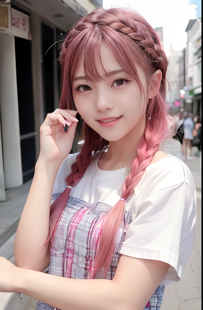 女の子1人、on tokyo street、natta、A city scape、city light、The upper part of the body、up close shot、Blue eyes,Full body,faces、(A smile:1.5)、small tits、Band T-shirt、(8K、Raw photography、top-quality、masterpiece:1.2)、(realisitic、photoRealstic:1.37), (Pink hair), Ear Hair, small tits, Single braid, (Single braid), (Side braid)