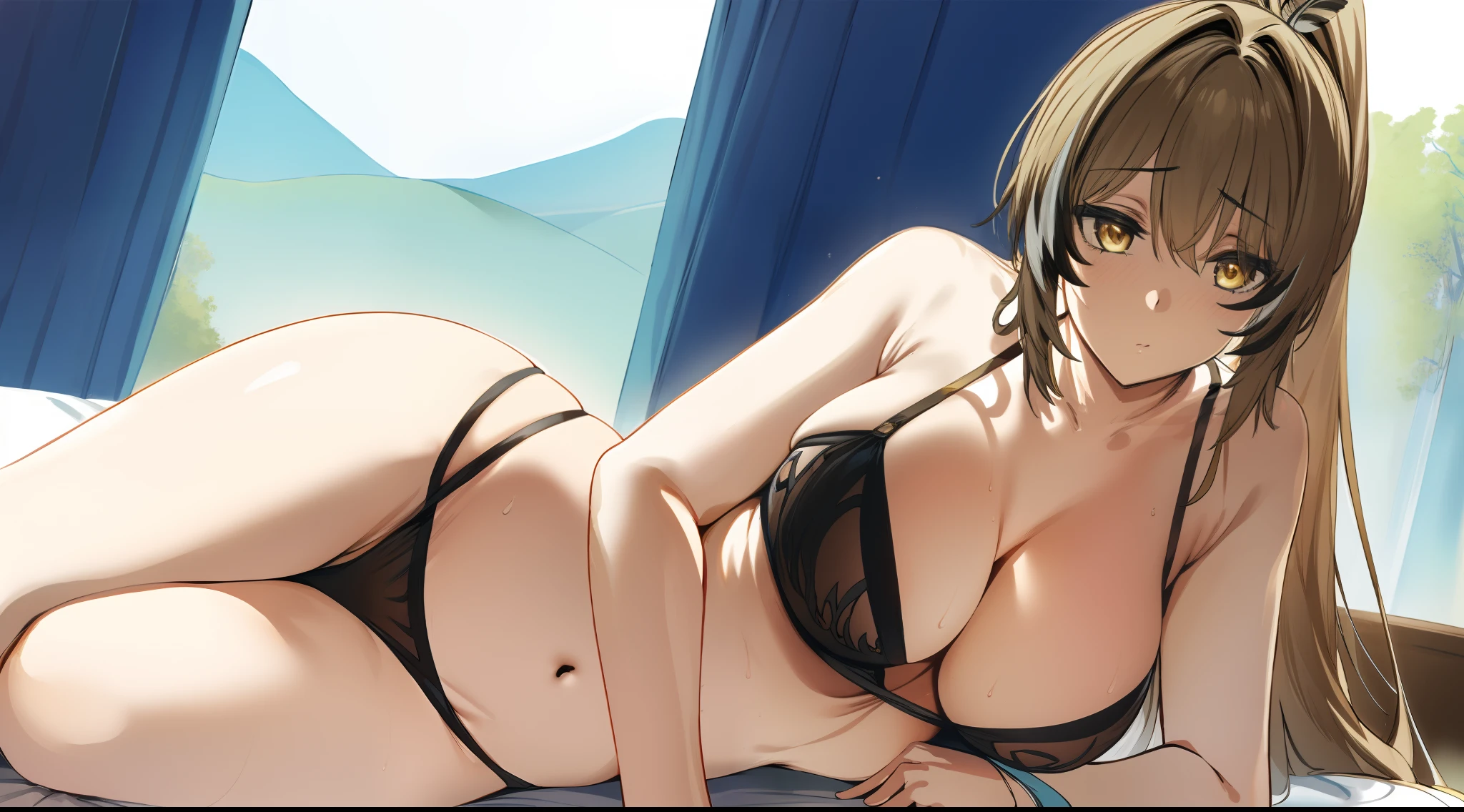 2D, HD, Detailed details, Detailed landscapes, beautiful lights, Beautiful Shadows, top-quality, Highly detailed, masterpiece, best quality, ((solo)), 1girl, aamumei, very long hair, ponytail, ahoge, multicolored hair, feather hair ornament, hairclip, hews, hews styled, brown hair, looking at the viewer, anime-styled, (large breasts), blush, navel, armpit, shiny skin, sleep, depth of field, ((black bra)), black panty, on bed