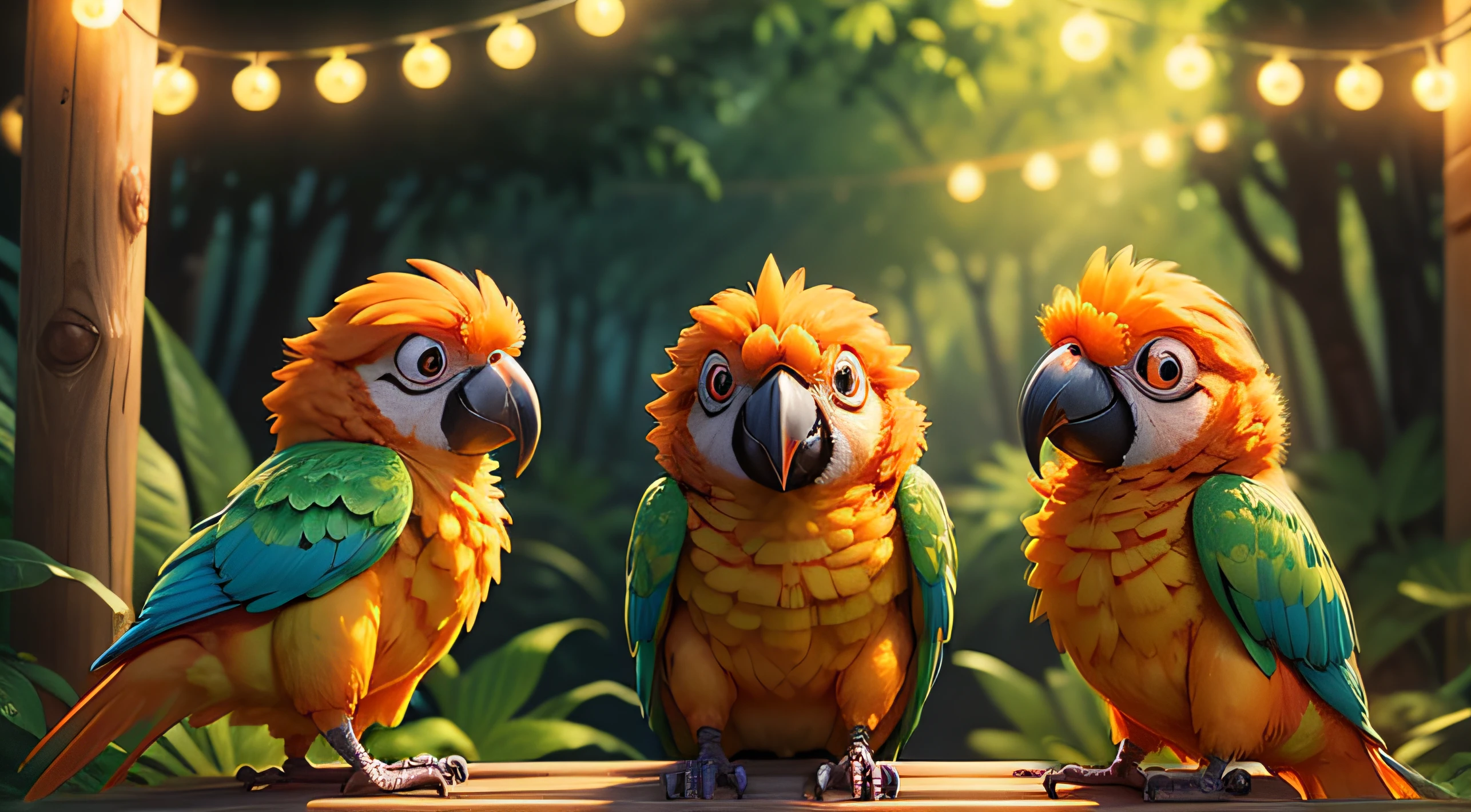 three orange parrots, Pixar Style Movie, so cute, big eyes, bright eyes, pretty eyes, fullbody orange, forest party, Clothesline Lights, smilling, orange parrots
