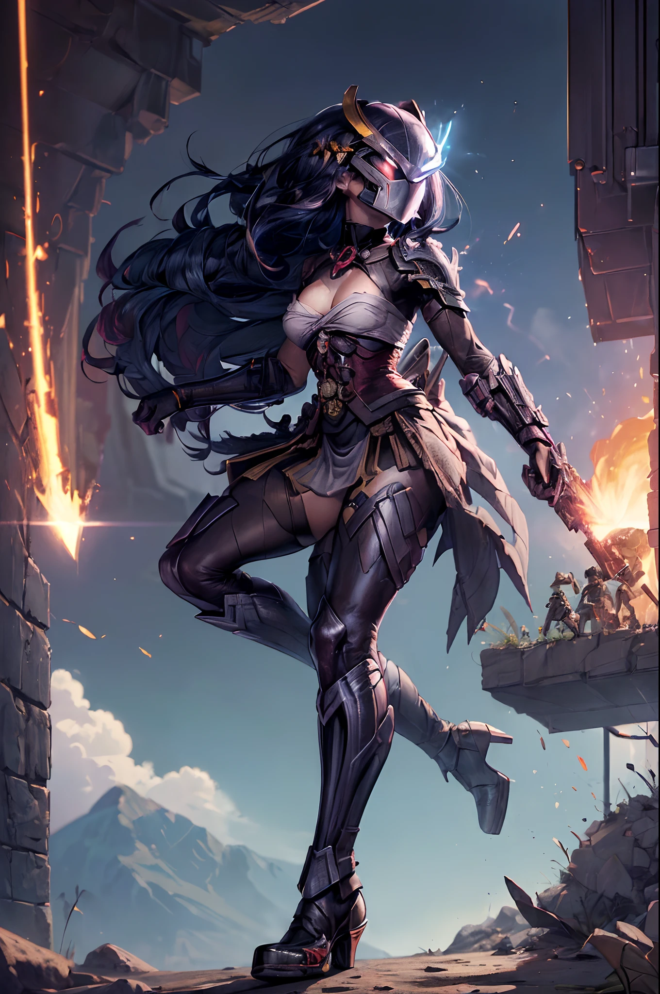 obra-prima, melhor qualidade, (cabelo longo), (Mulher vestindo armadura completa do Depredador do filme), corpo completo detalhado, (olhos detalhados), (The Predator's 10cm Small Plasma Cannon is an advanced weapon used by the alien hunters known as the Yautja. It is capable of firing highly energized plasma projectiles that can pierce or vaporize almost any material. (The cannon is mounted on the user's shoulder and is controlled by a visor attached to the helmet). (The cannon can track thermal targets and adjust the firing power according to the distance and resistance of the target). (The cannon also has an automatic reloading system that uses a portable power generator). The plasma cannon is one of the most powerful and feared weapons in the predators' arsenal, being used both to hunt dangerous prey and to eliminate potential threats.), (She's wearing long blades of her wrist like a predator), ((The predator's wrist blade is a lethal weapon used by this alien species in their hunts. It consists of a metal sleeve that fits the user's forearm, with a mechanism that allows you to project and retract two curved blades of about 30 centimeters in length. The blades are made of an extremely resistant and sharp material, capazes de cortar facilmente carne, bones and even metals. The wrist blade is activated by a button on the glove, or by a mental command through a neural implant), (She wears a full mask of Predator Bio-mask that is covering her face), qualidade 16k, Kinematic, sombras no corpo, (ruins), Full scenario, (pose de batalha dinamica), todo anatomicamente correto e detalhado, (Ela usa uma mascara do Depredador completa e detalhada)